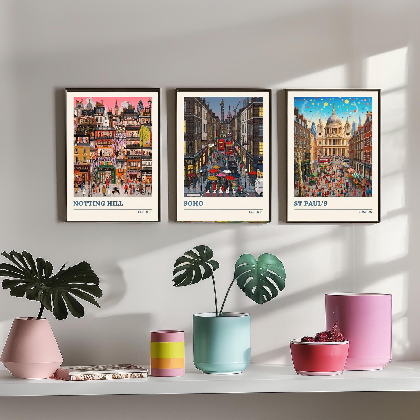 London Set of Three Art Prints - Notting Hill, Soho, St Paul's - 3 Colourful Folk Illustration Travel Posters - England Painting