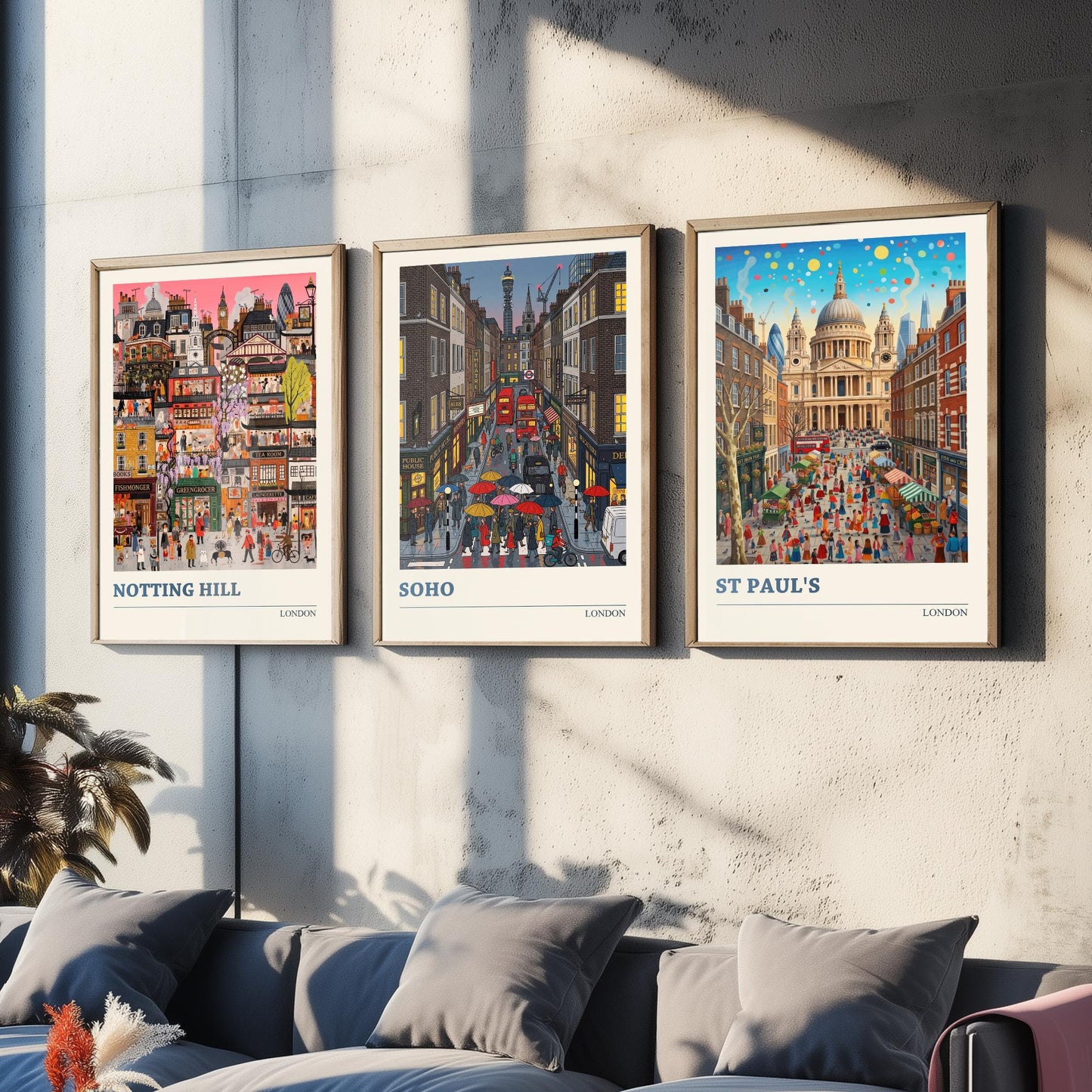 London Set of Three Art Prints - Notting Hill, Soho, St Paul's - 3 Colourful Folk Illustration Travel Posters - England Painting
