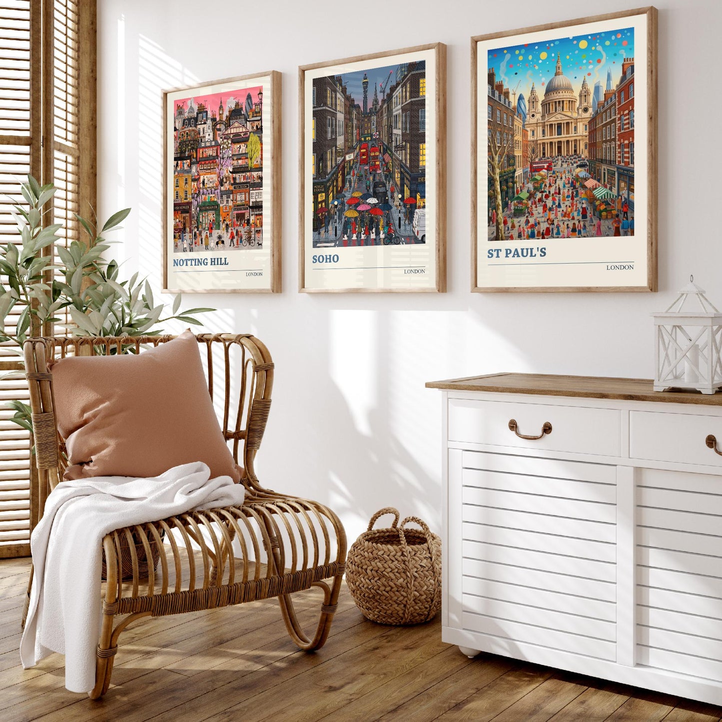 London Set of Three Art Prints - Notting Hill, Soho, St Paul's - 3 Colourful Folk Illustration Travel Posters - England Painting