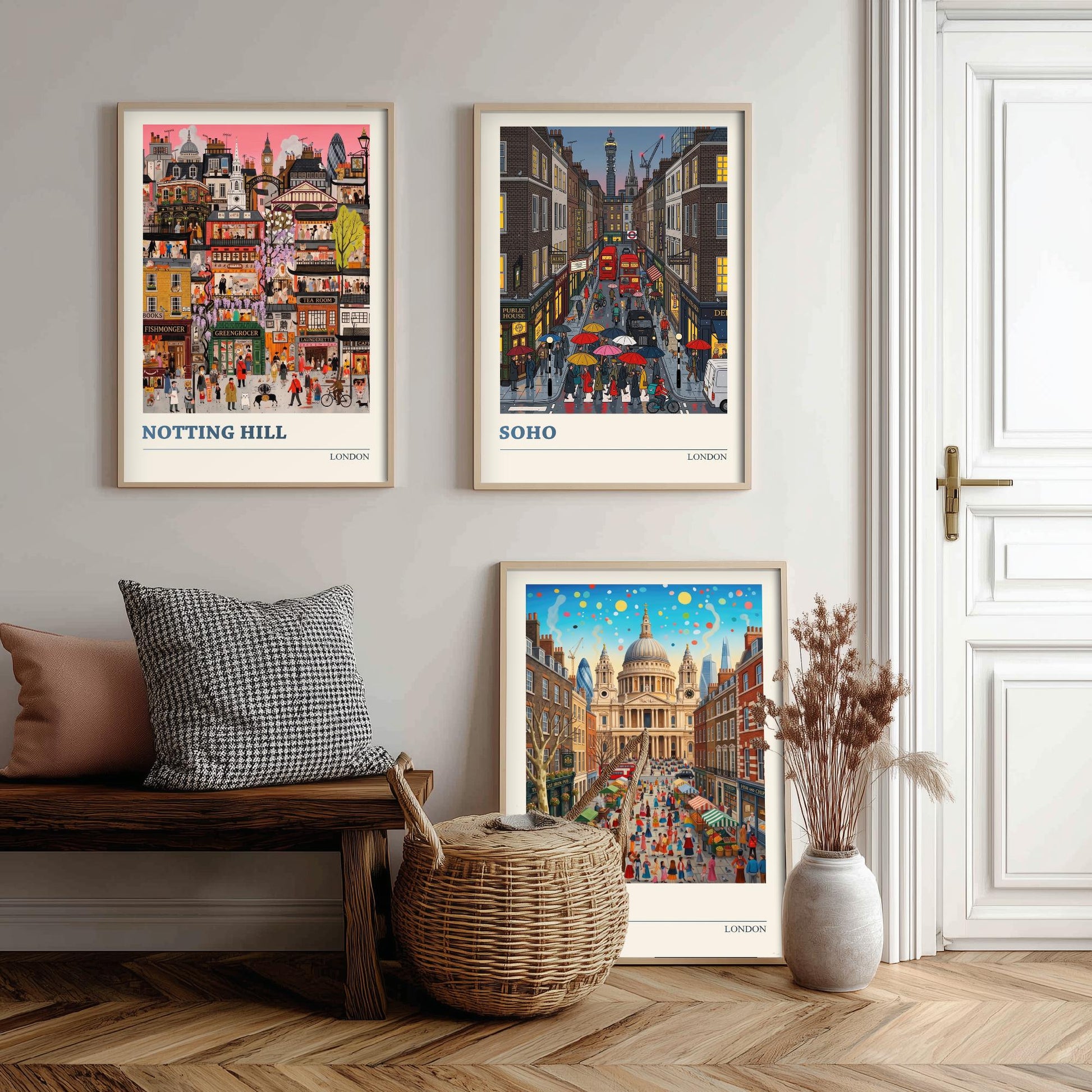 London Set of Three Art Prints - Notting Hill, Soho, St Paul's - 3 Colourful Folk Illustration Travel Posters - England Painting
