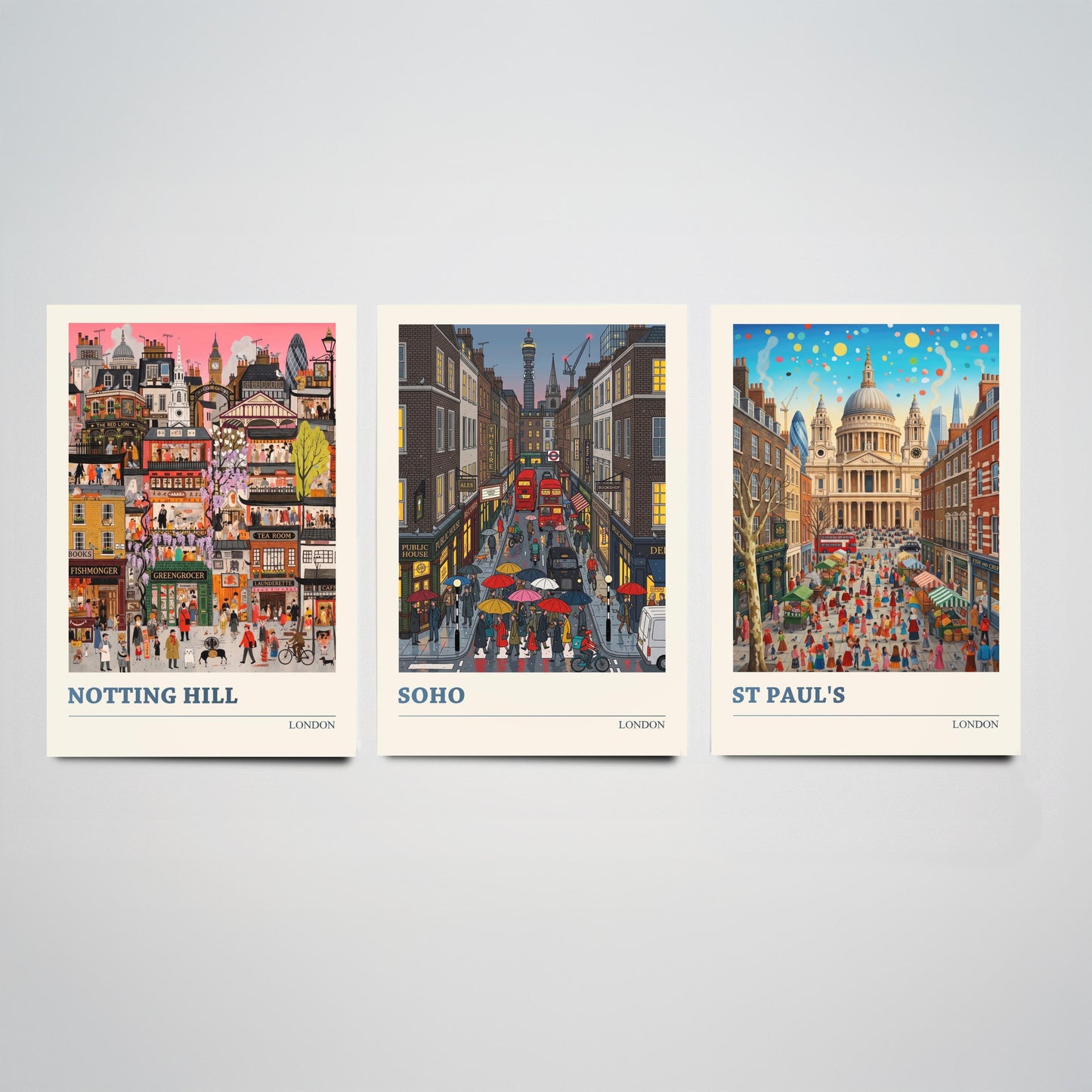 London Set of Three Art Prints - Notting Hill, Soho, St Paul's - 3 Colourful Folk Illustration Travel Posters - England Painting