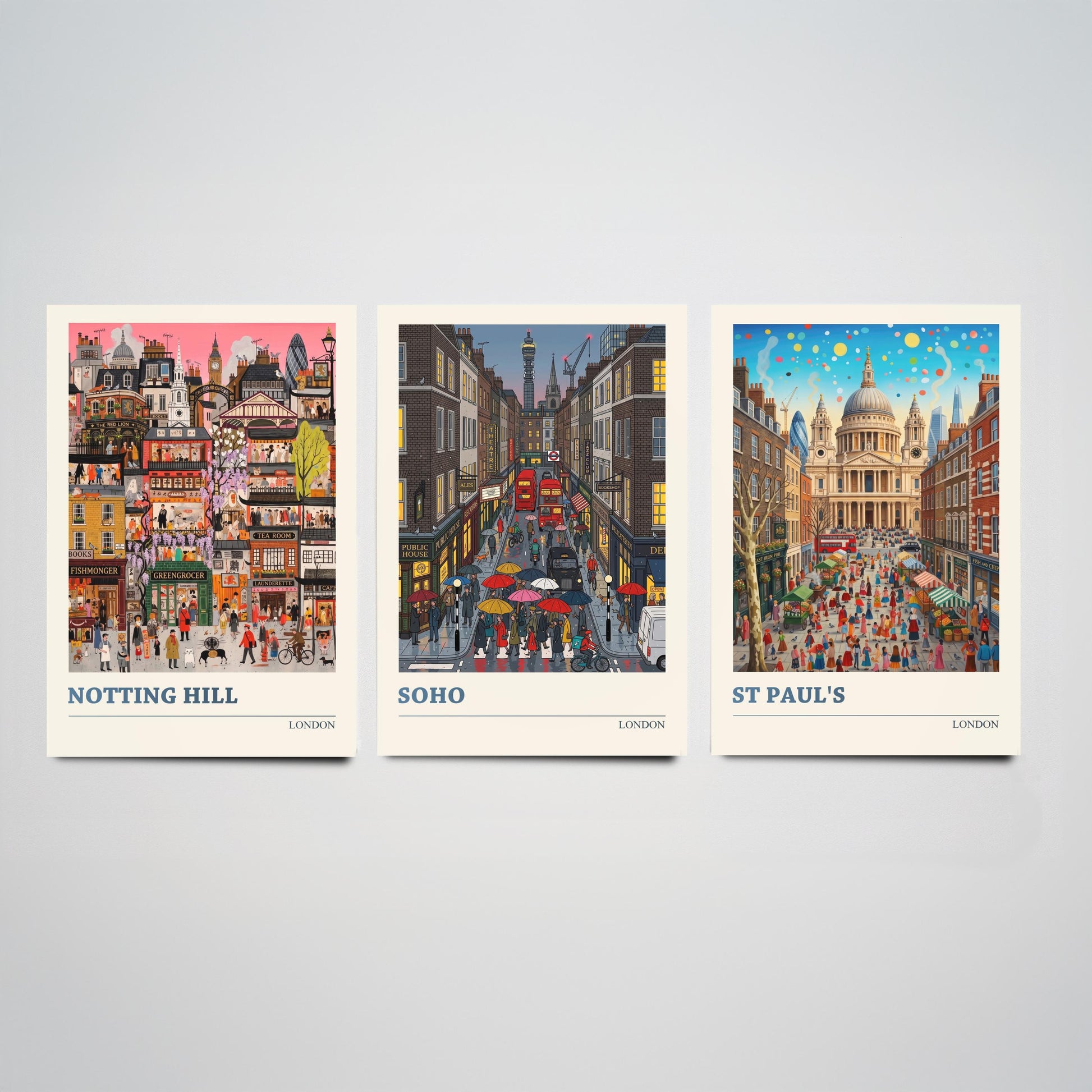 London Set of Three Art Prints - Notting Hill, Soho, St Paul's - 3 Colourful Folk Illustration Travel Posters - England Painting