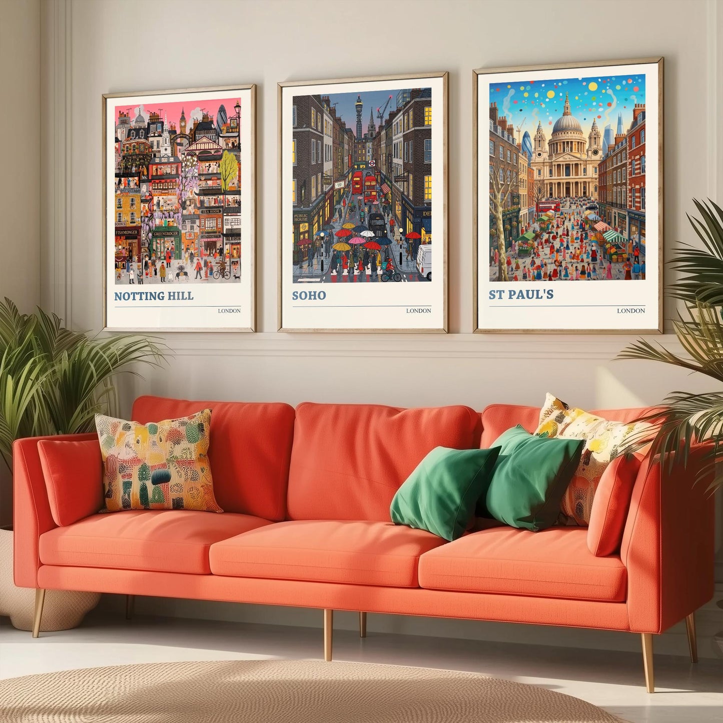 London Set of Three Art Prints - Notting Hill, Soho, St Paul's - 3 Colourful Folk Illustration Travel Posters - England Painting