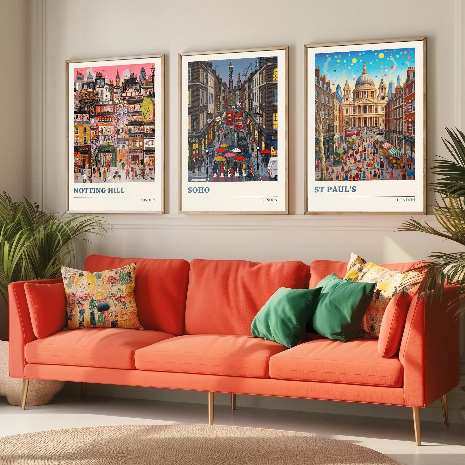 London Set of Three Art Prints - Notting Hill, Soho, St Paul's - 3 Colourful Folk Illustration Travel Posters - England Painting