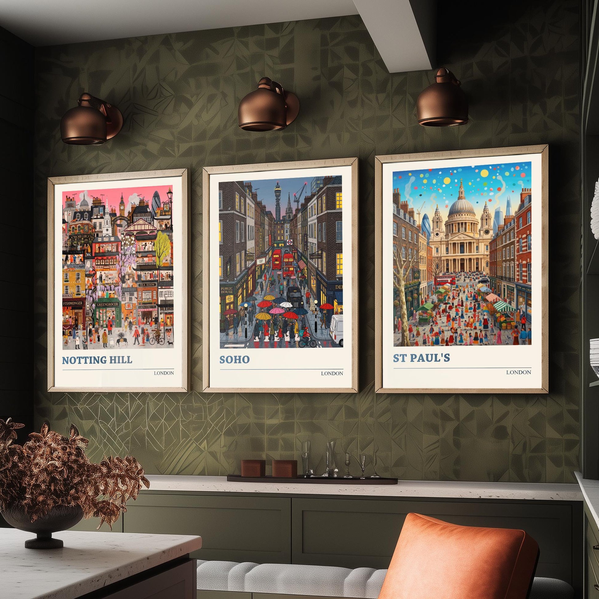 London Set of Three Art Prints - Notting Hill, Soho, St Paul's - 3 Colourful Folk Illustration Travel Posters - England Painting