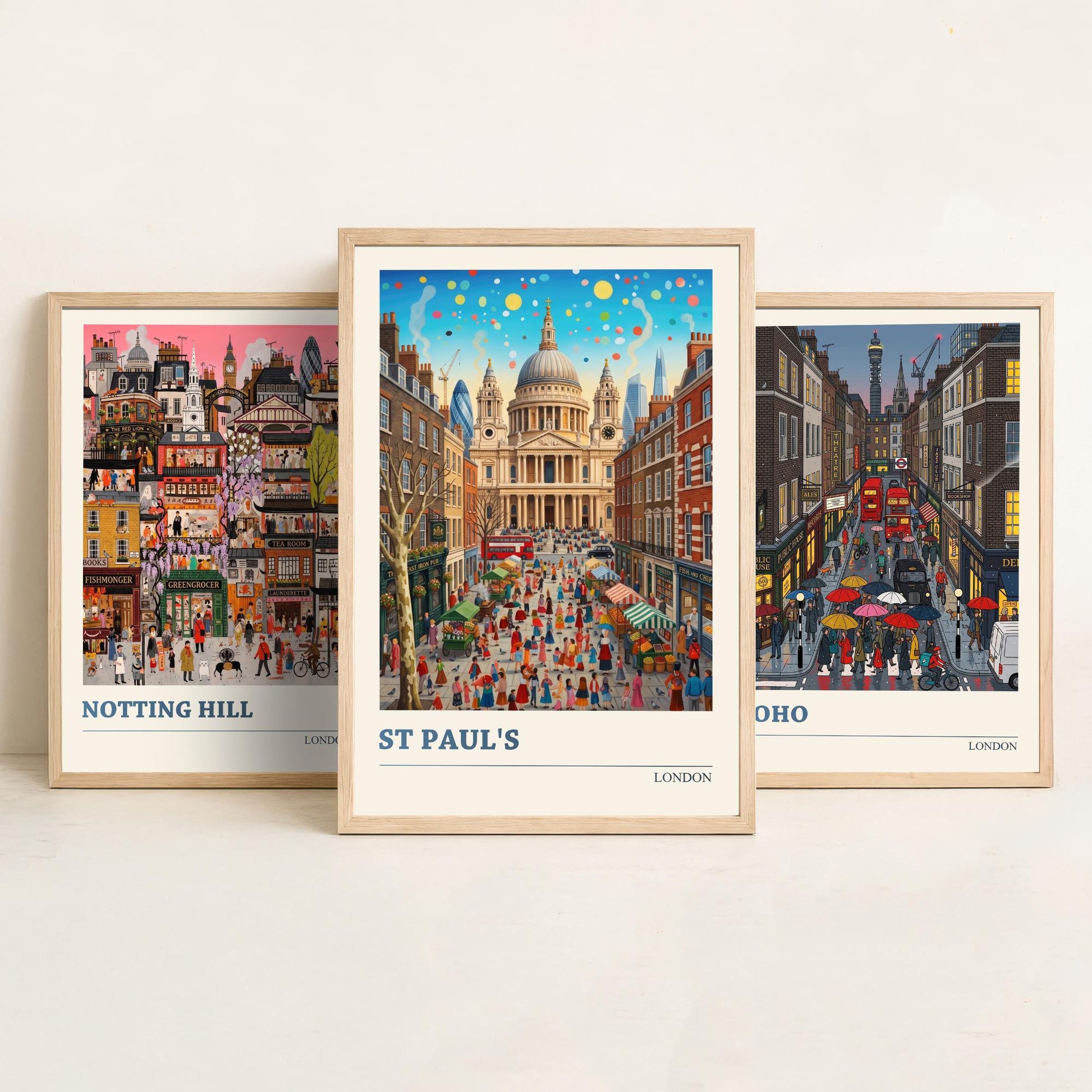 London Set of Three Art Prints - Notting Hill, Soho, St Paul's - 3 Colourful Folk Illustration Travel Posters - England Painting