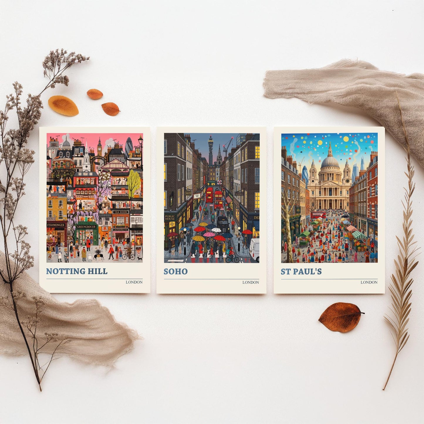 London Set of Three Art Prints - Notting Hill, Soho, St Paul's - 3 Colourful Folk Illustration Travel Posters - England Painting