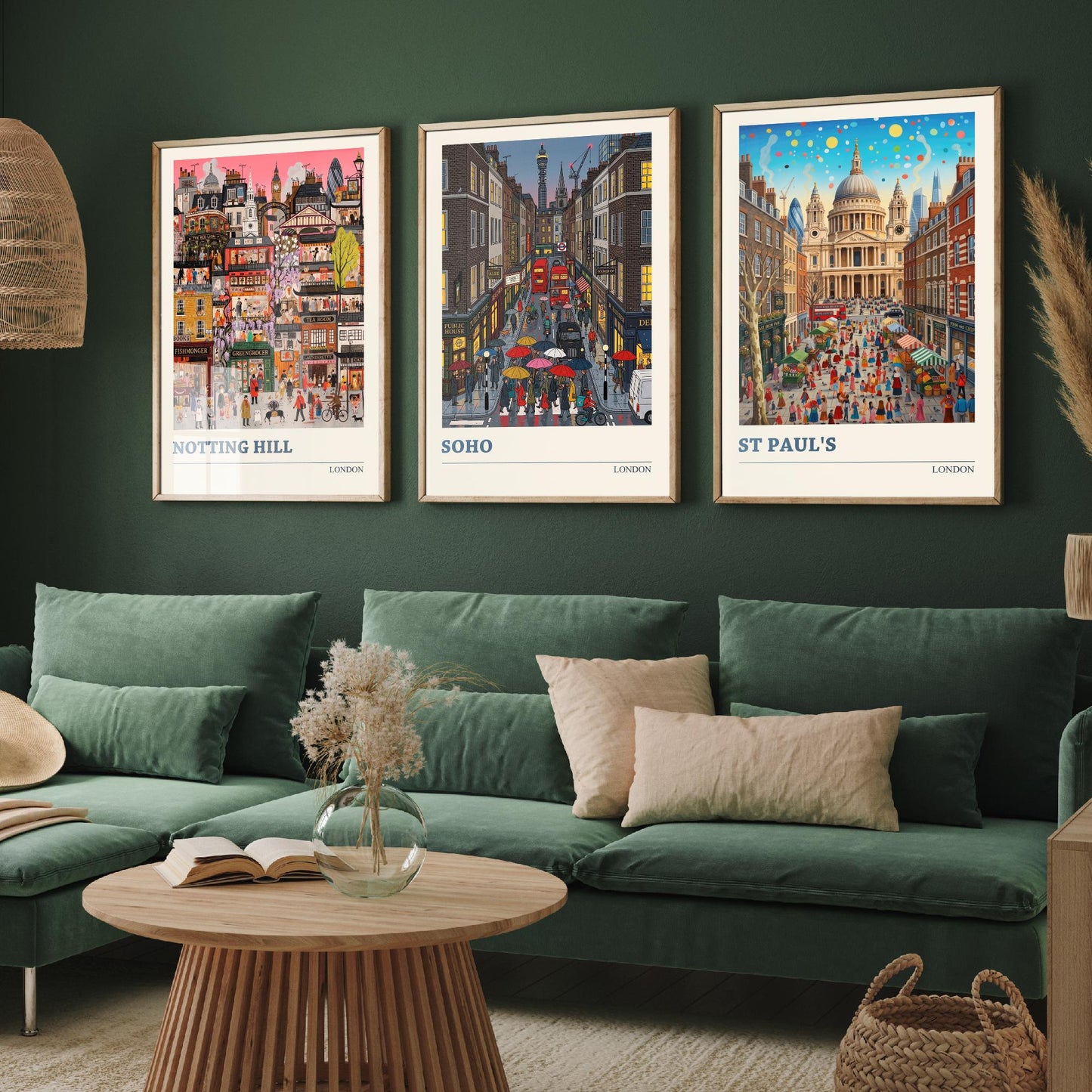 London Set of Three Art Prints - Notting Hill, Soho, St Paul's - 3 Colourful Folk Illustration Travel Posters - England Painting