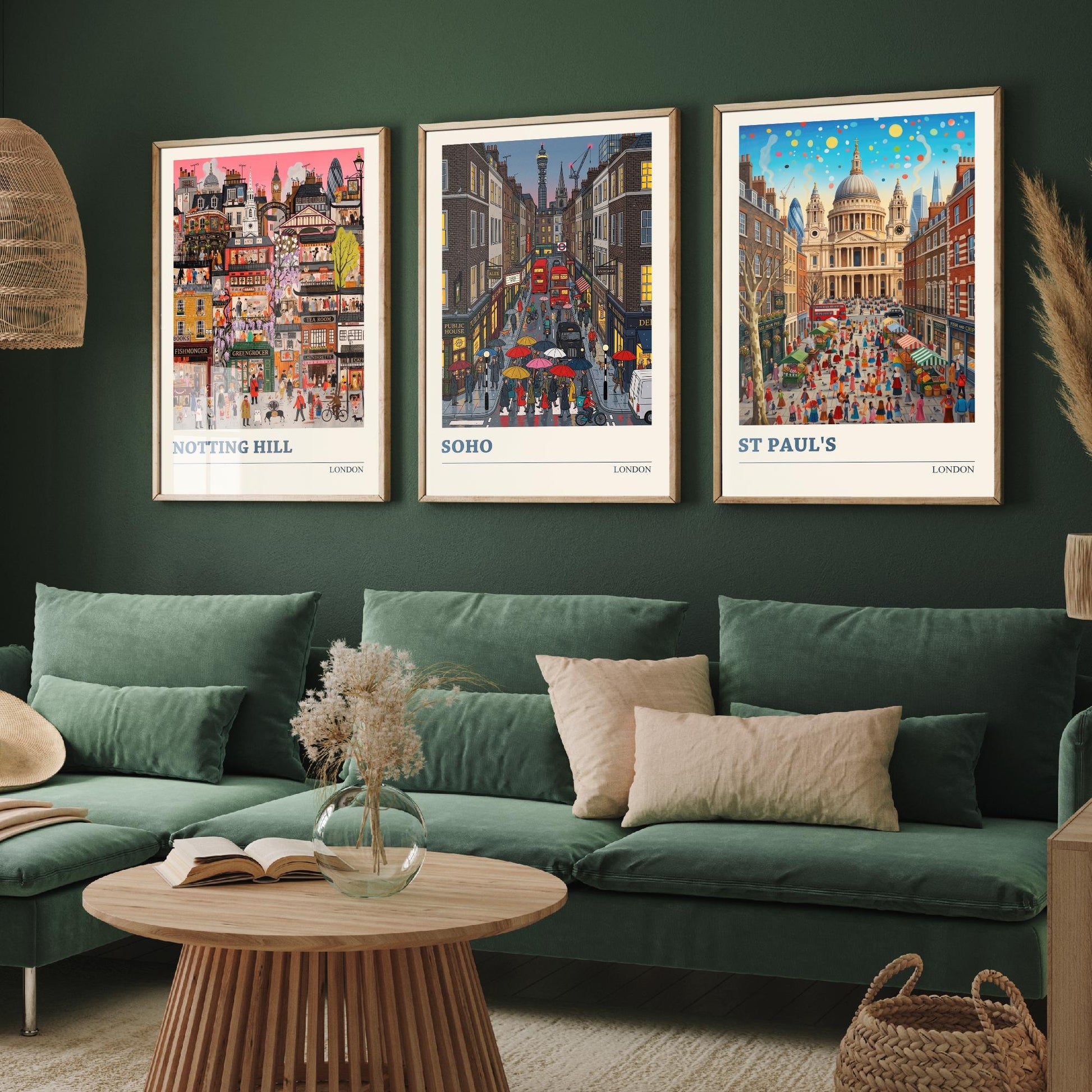London Set of Three Art Prints - Notting Hill, Soho, St Paul's - 3 Colourful Folk Illustration Travel Posters - England Painting