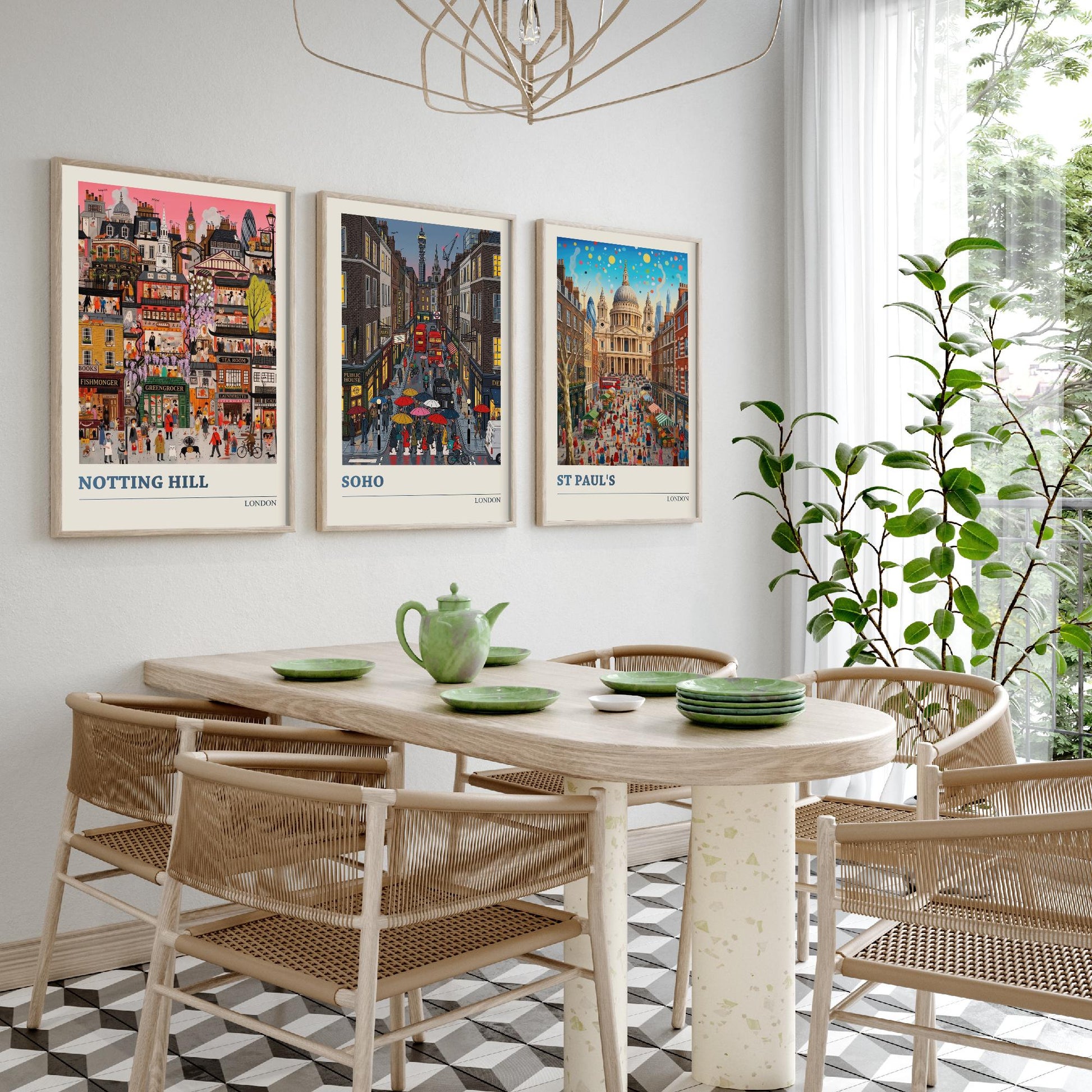 London Set of Three Art Prints - Notting Hill, Soho, St Paul's - 3 Colourful Folk Illustration Travel Posters - England Painting