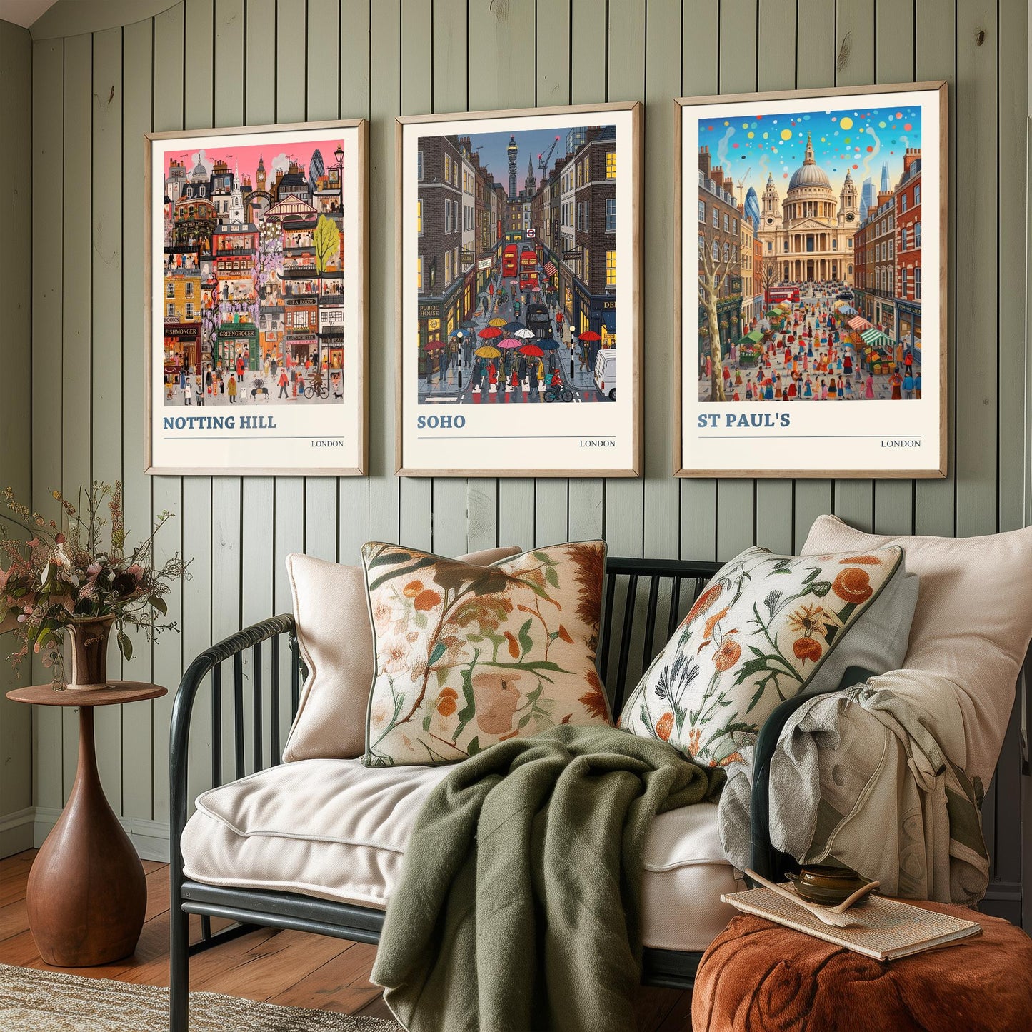 London Set of Three Art Prints - Notting Hill, Soho, St Paul's - 3 Colourful Folk Illustration Travel Posters - England Painting