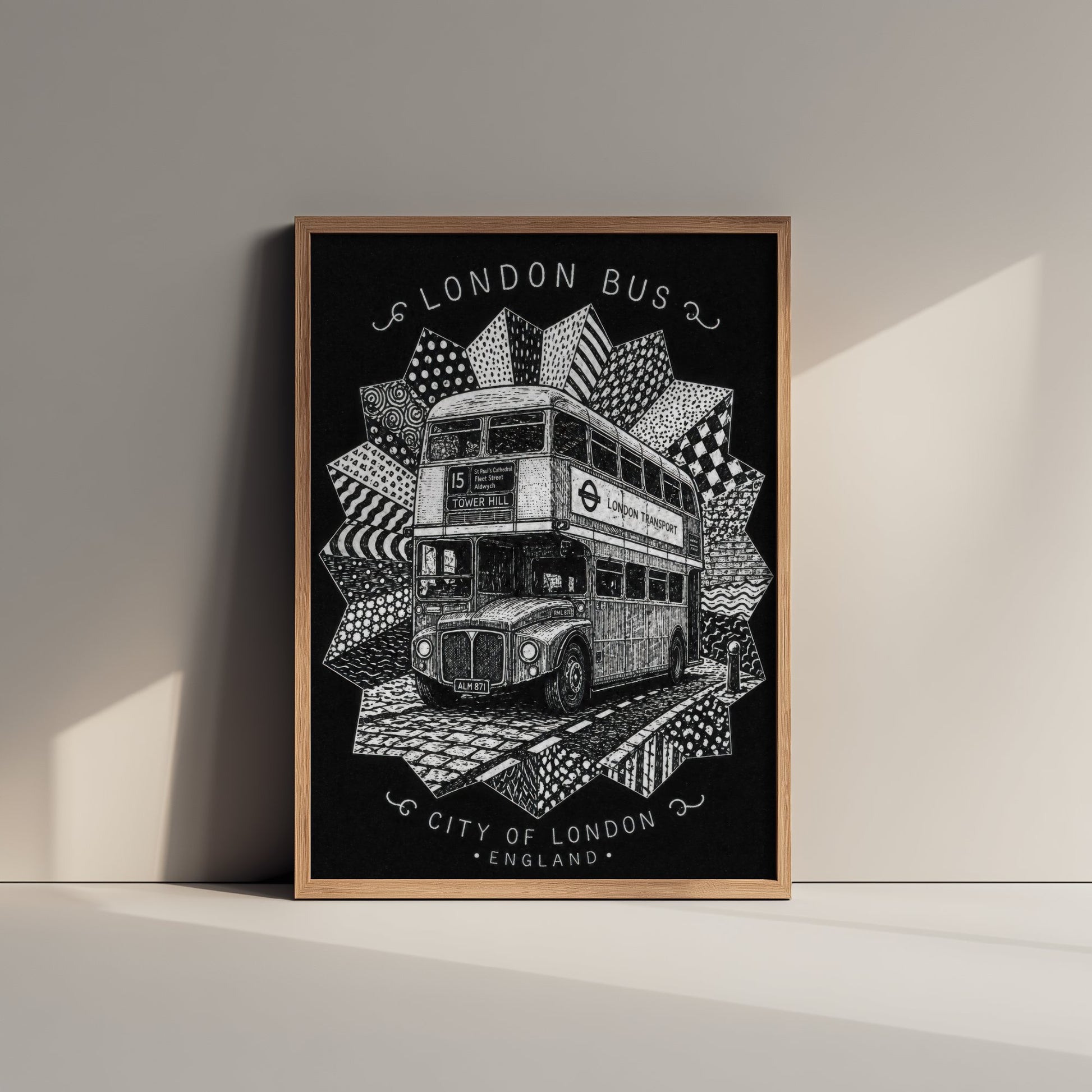 London Bus Art Print - Pen and Ink Drawing Poster - Black and White City of London Wall Art 2/3