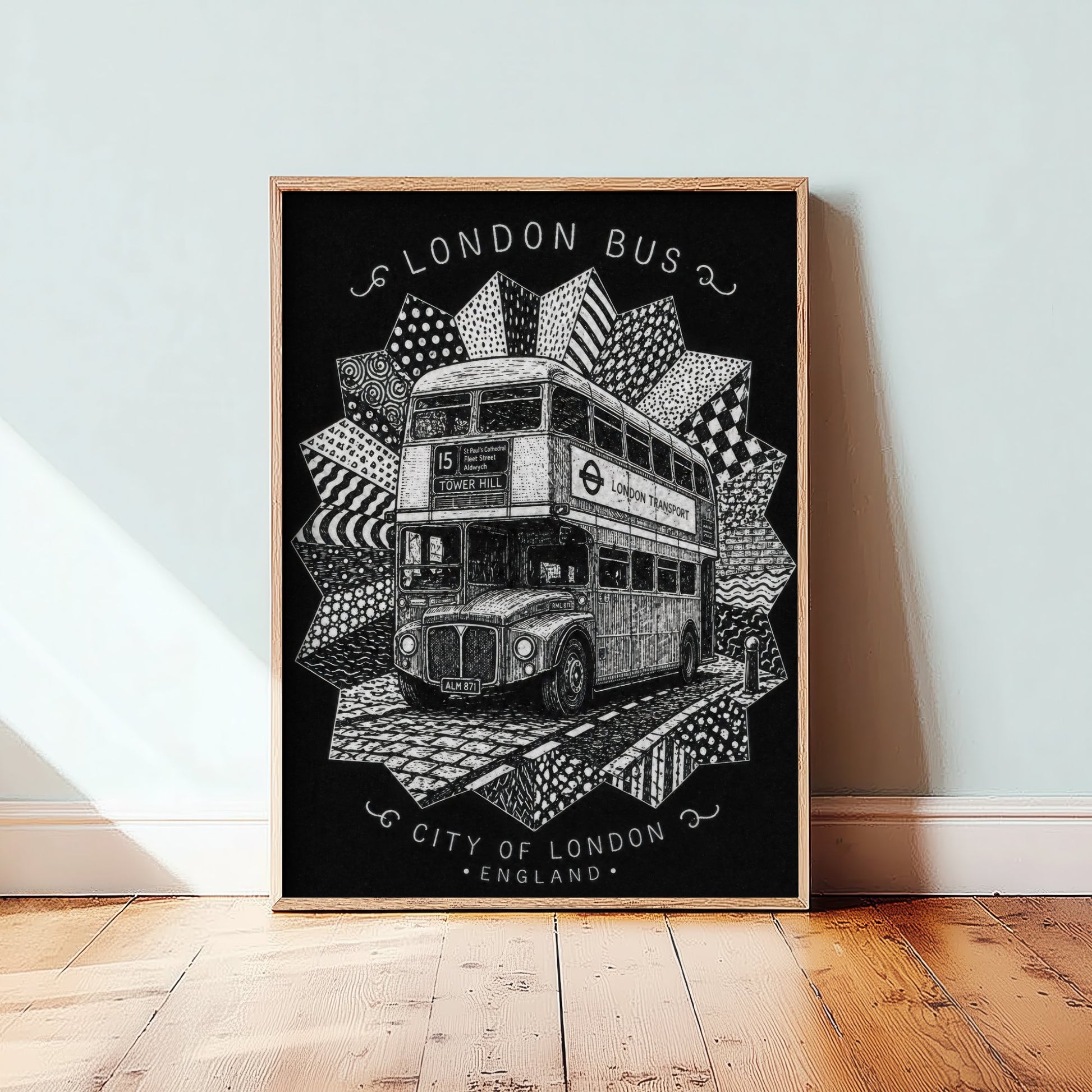 London Bus Art Print - Pen and Ink Drawing Poster - Black and White City of London Wall Art 2/3