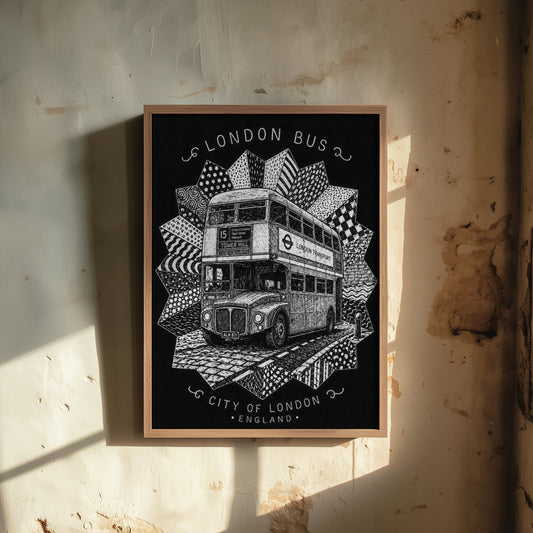 London Bus Art Print - Pen and Ink Drawing Poster - Black and White City of London Wall Art 2/3