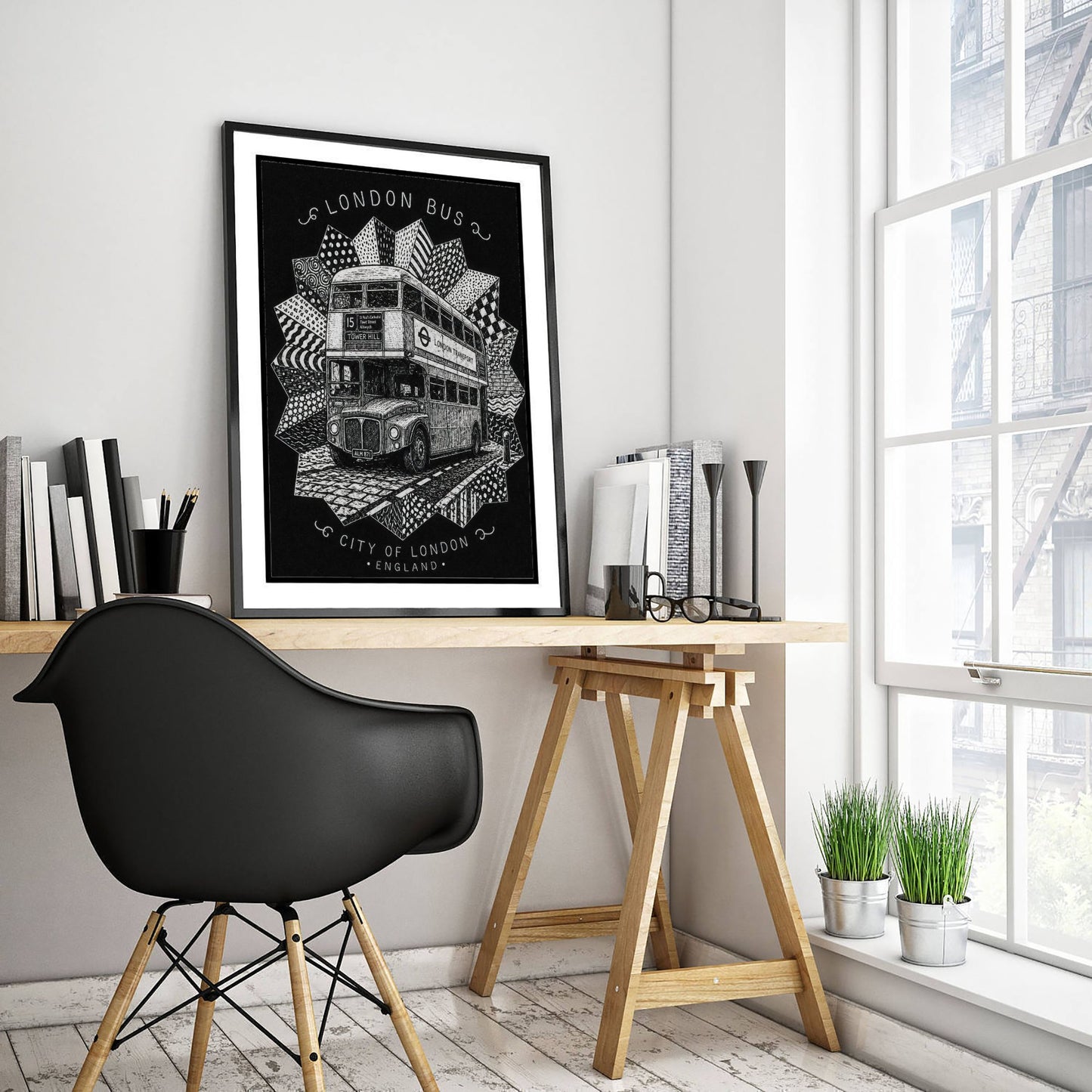 London Bus Art Print - Pen and Ink Drawing Poster - Black and White City of London Wall Art 2/3