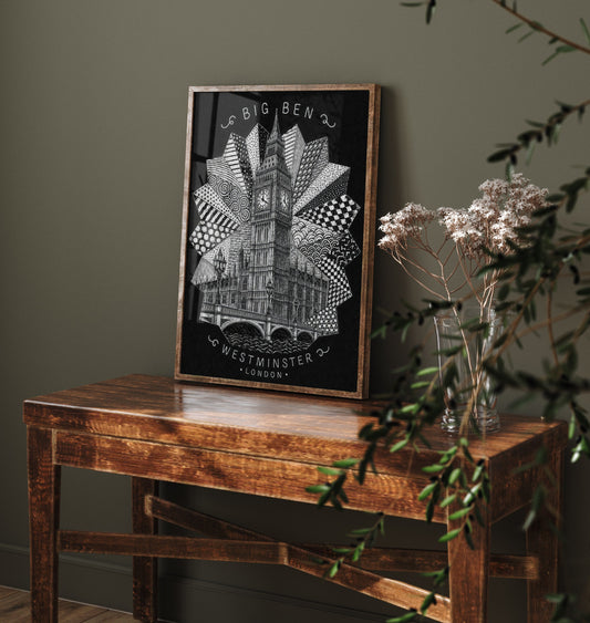 Big Ben Westminster London Art Print - Pen and Ink Drawing Poster - Black and White Wall Art 3/3