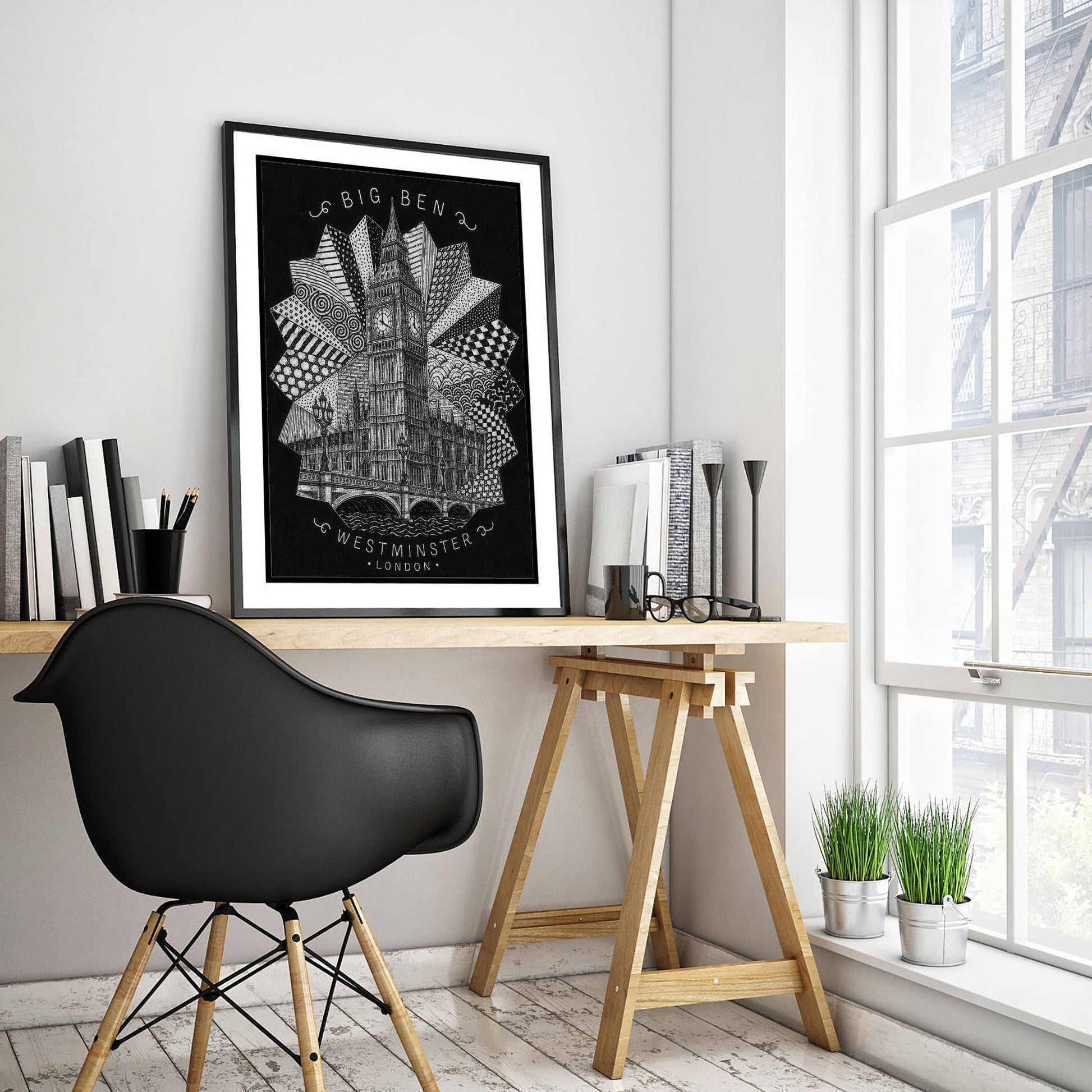 Big Ben Westminster London Art Print - Pen and Ink Drawing Poster - Black and White Wall Art 3/3