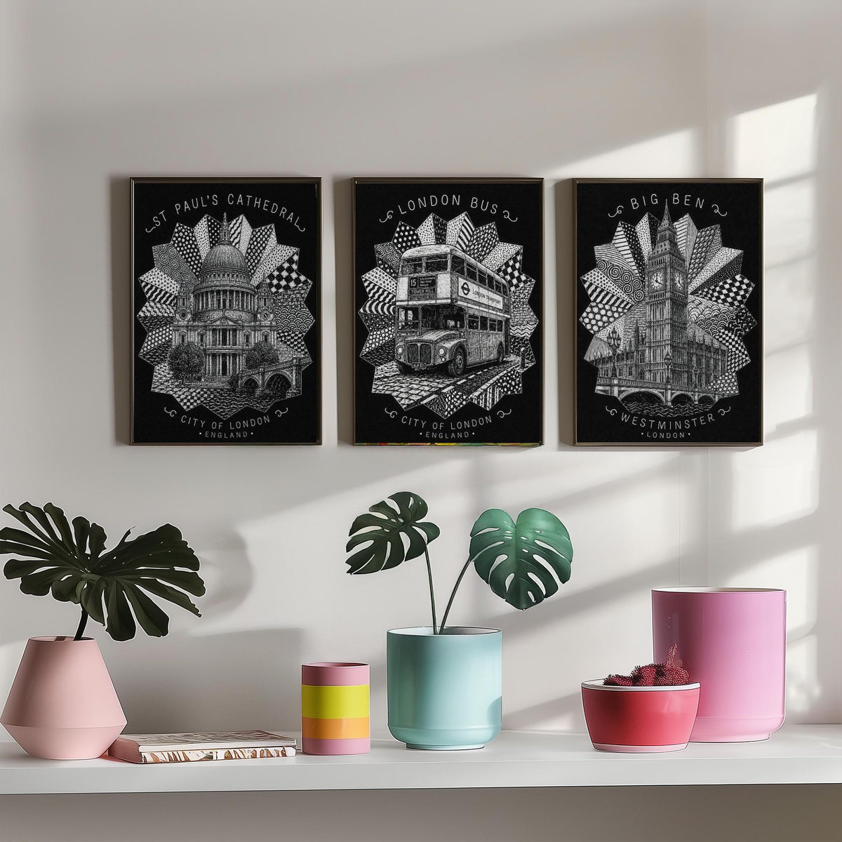 London Set of Three Art Prints - 3 St Paul's Cathedral, Routemaster Bus, Big Ben Posters - Pen and Ink Line Illustration Wall Art