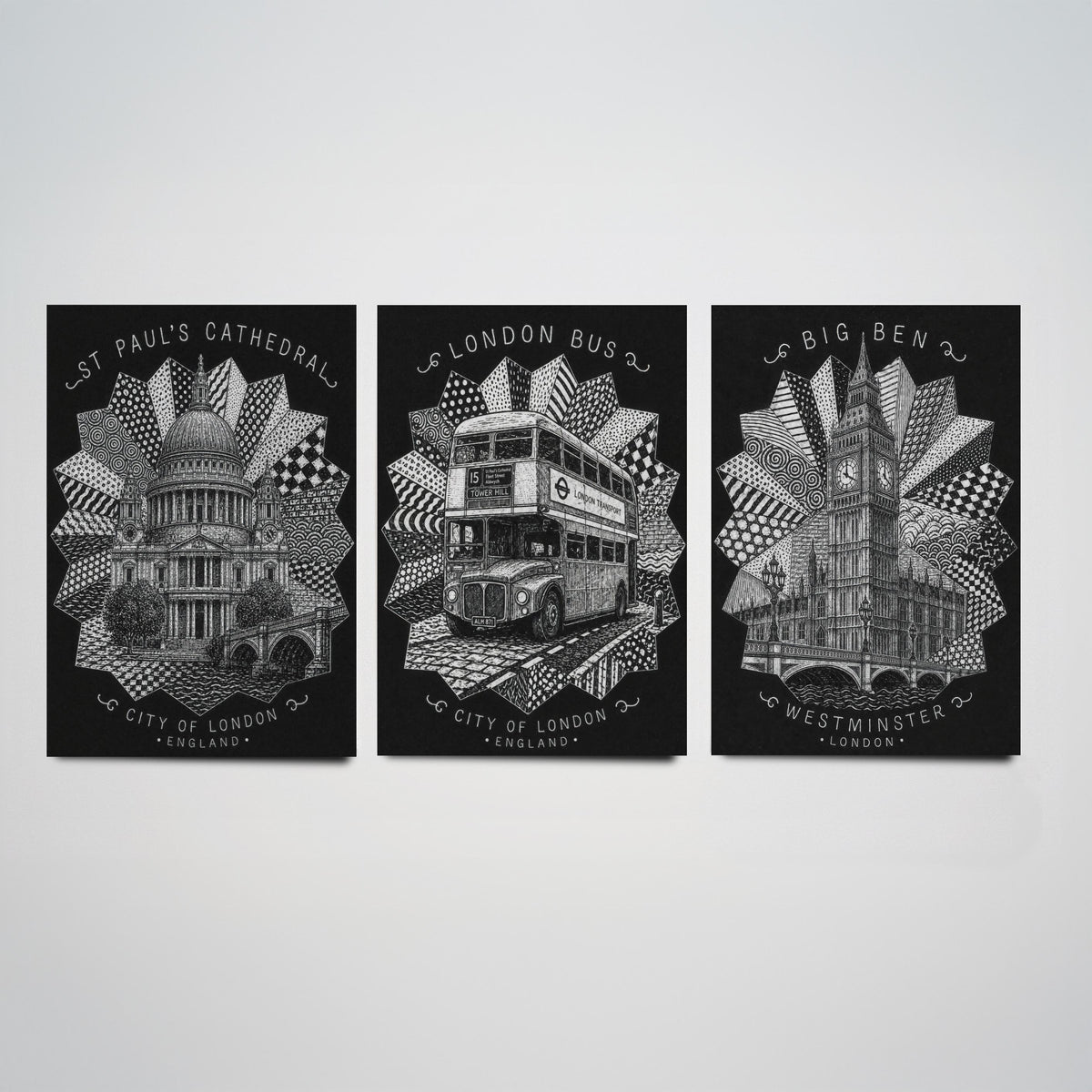 London Set of Three Art Prints - 3 St Paul's Cathedral, Routemaster Bus, Big Ben Posters - Pen and Ink Line Illustration Wall Art