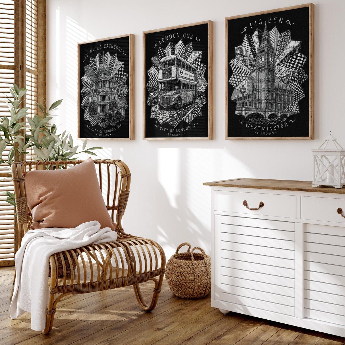 London Set of Three Art Prints - 3 St Paul's Cathedral, Routemaster Bus, Big Ben Posters - Pen and Ink Line Illustration Wall Art