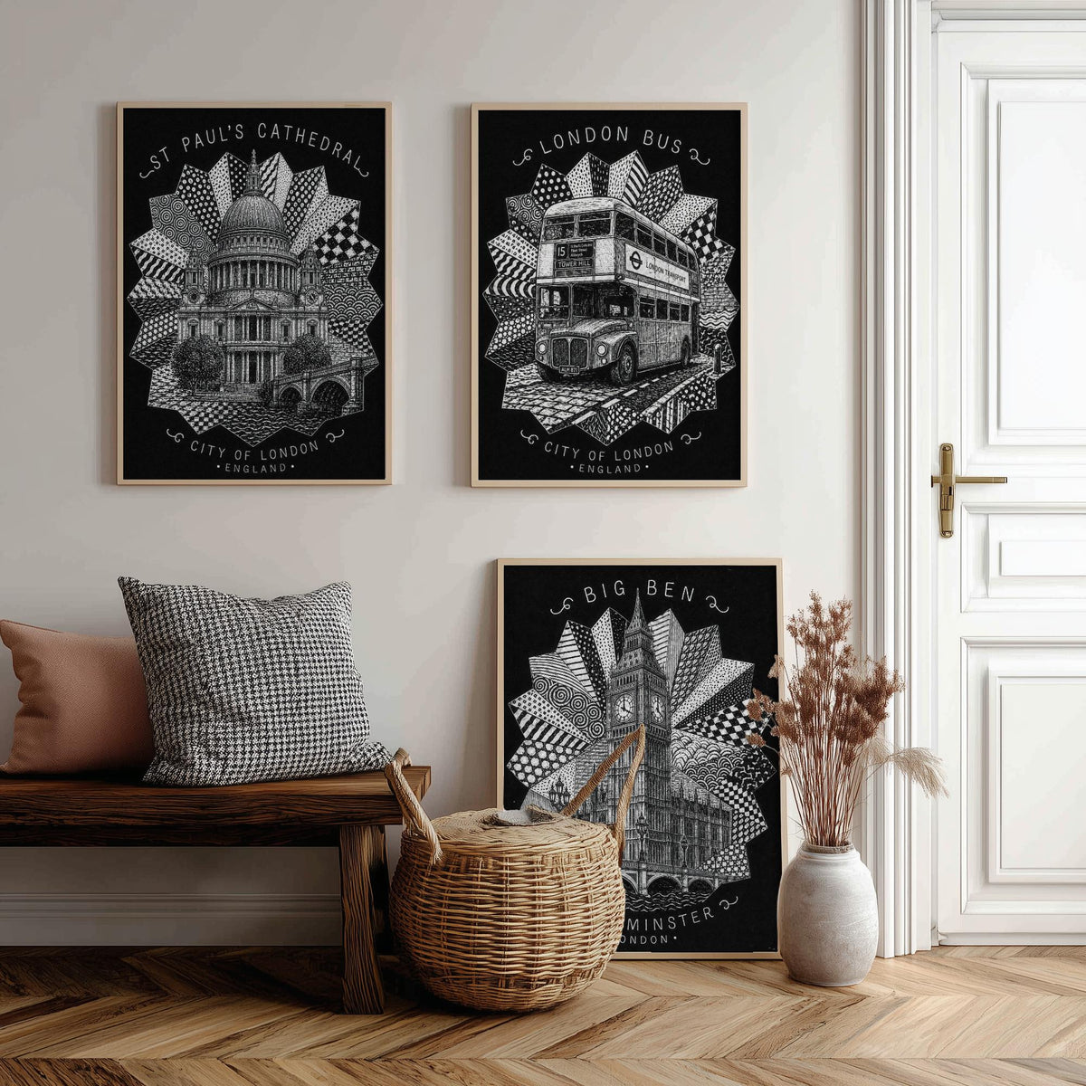 London Set of Three Art Prints - 3 St Paul's Cathedral, Routemaster Bus, Big Ben Posters - Pen and Ink Line Illustration Wall Art