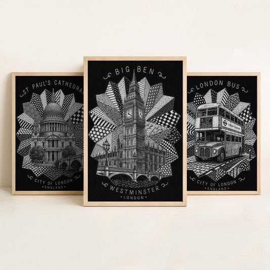 London Set of Three Art Prints - 3 St Paul's Cathedral, Routemaster Bus, Big Ben Posters - Pen and Ink Line Illustration Wall Art