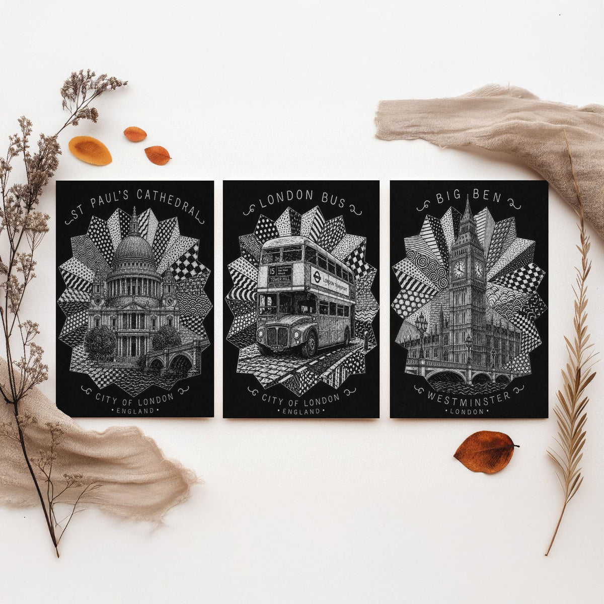 London Set of Three Art Prints - 3 St Paul's Cathedral, Routemaster Bus, Big Ben Posters - Pen and Ink Line Illustration Wall Art