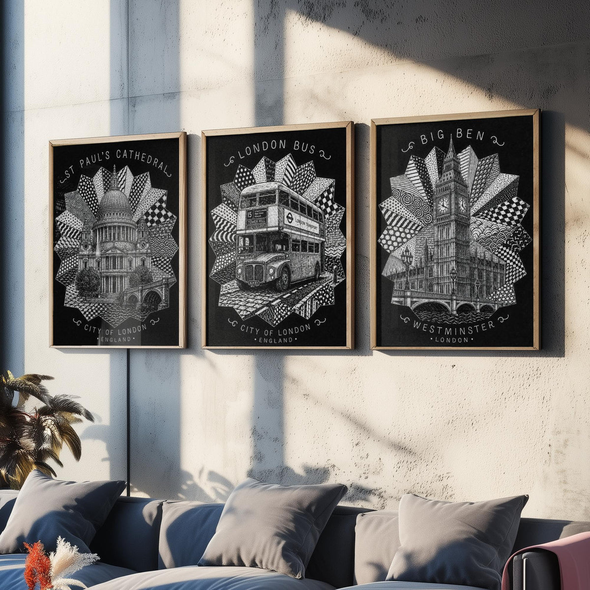 London Set of Three Art Prints - 3 St Paul's Cathedral, Routemaster Bus, Big Ben Posters - Pen and Ink Line Illustration Wall Art