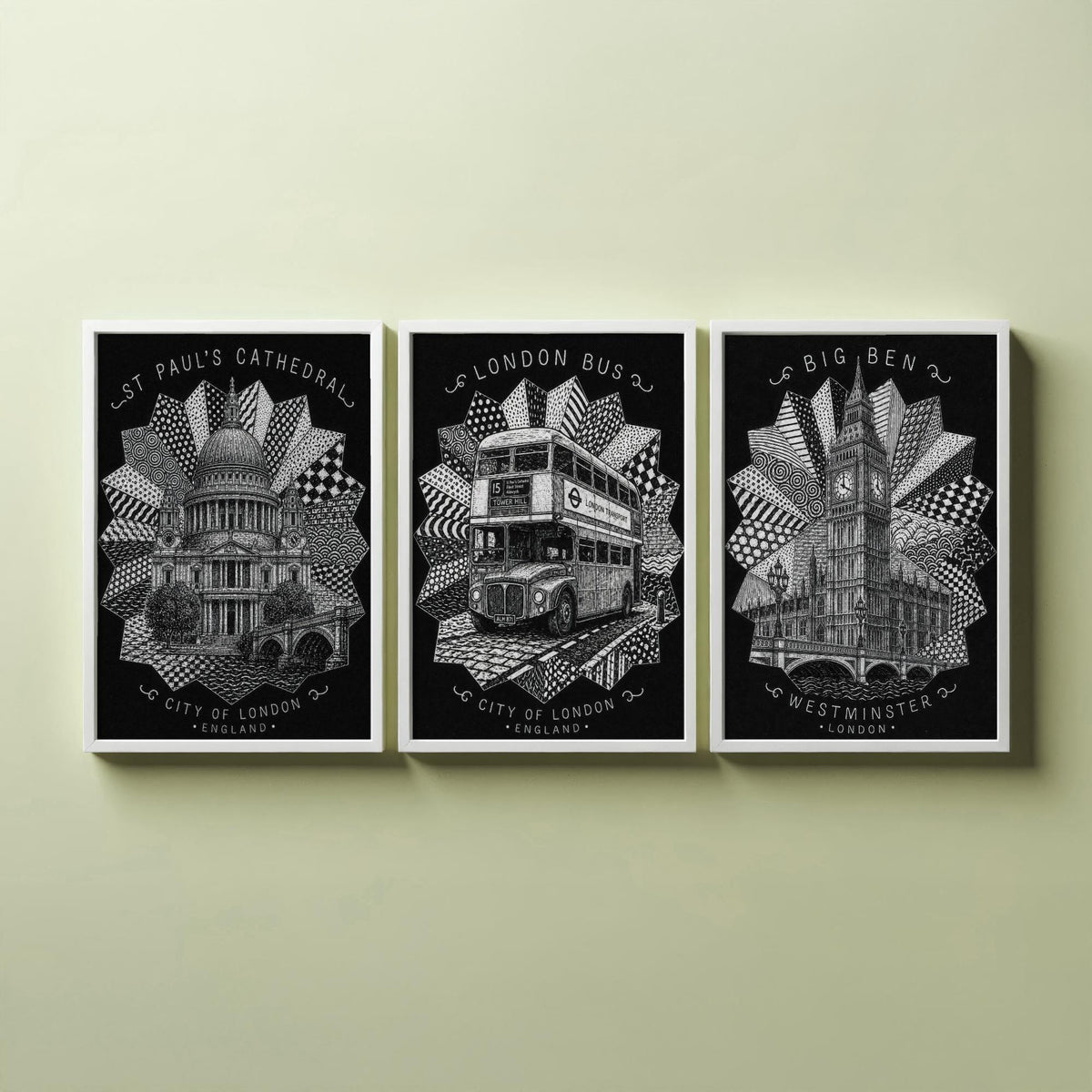 London Set of Three Art Prints - 3 St Paul's Cathedral, Routemaster Bus, Big Ben Posters - Pen and Ink Line Illustration Wall Art