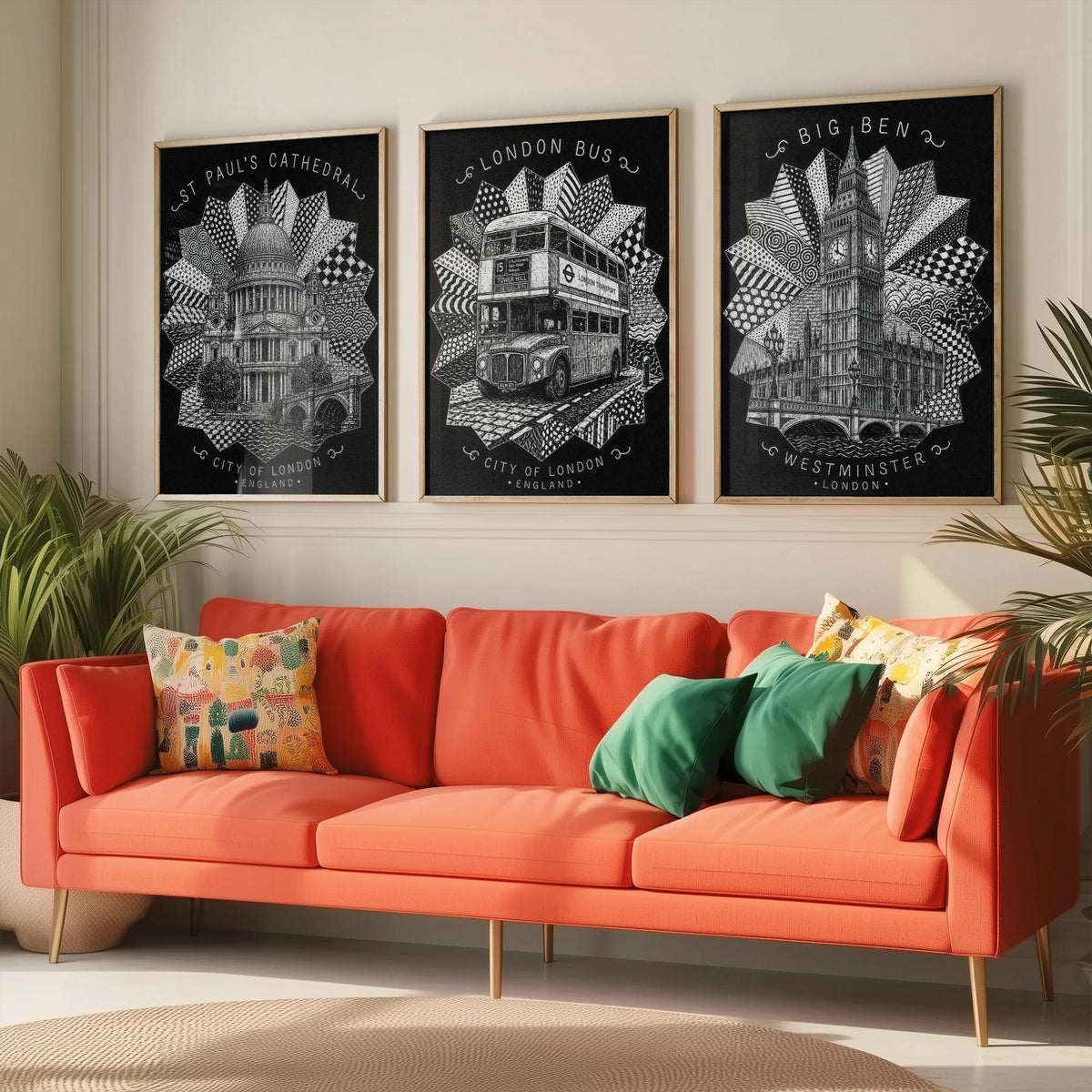 London Set of Three Art Prints - 3 St Paul's Cathedral, Routemaster Bus, Big Ben Posters - Pen and Ink Line Illustration Wall Art
