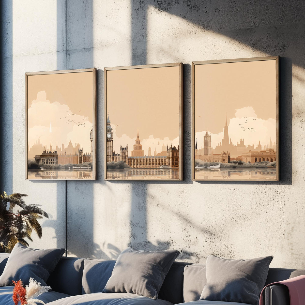 London Skyline Set of Three Art Prints - Big Ben, Houses of Parliament, Thames - Sepia Rust Panoramic Poster Illustration