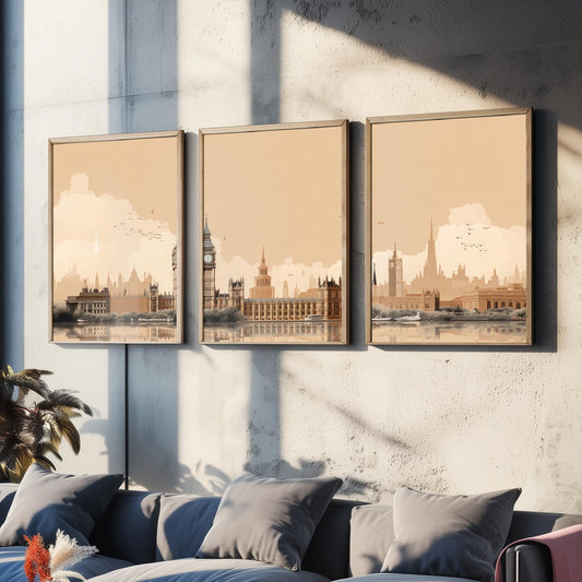 London Skyline Set of Three Art Prints - Big Ben, Houses of Parliament, Thames - Sepia Rust Panoramic Poster Illustration