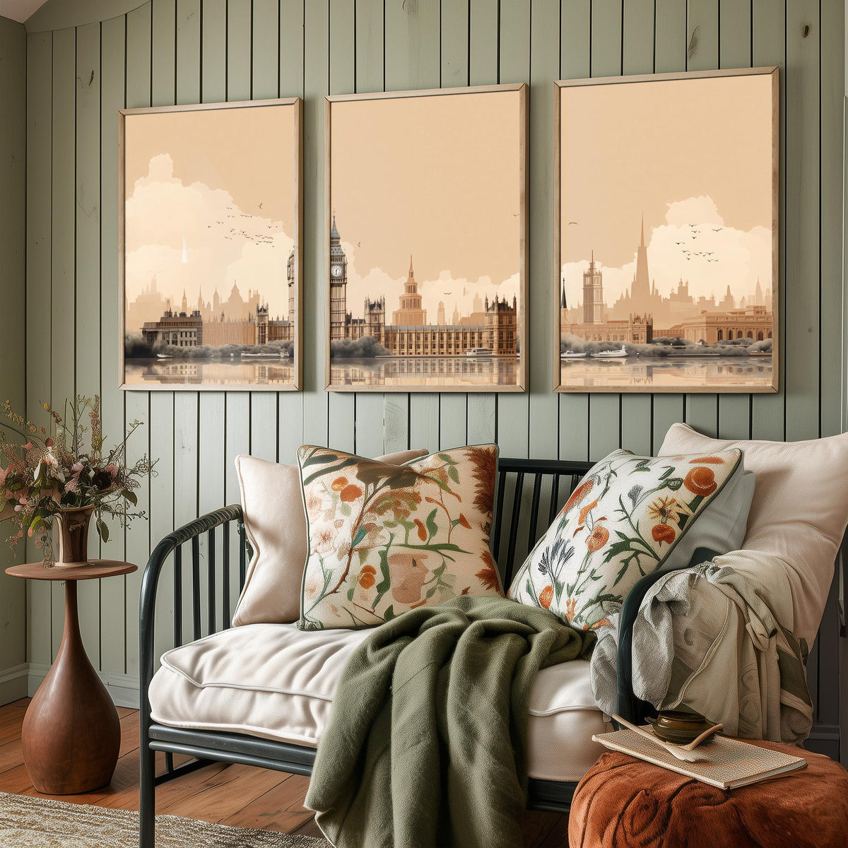 London Skyline Set of Three Art Prints - Big Ben, Houses of Parliament, Thames - Sepia Rust Panoramic Poster Illustration