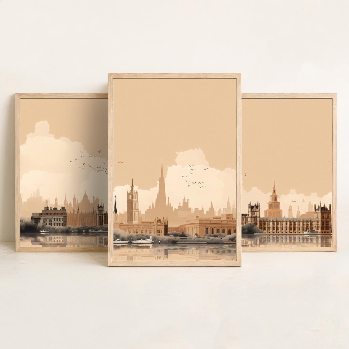 London Skyline Set of Three Art Prints - Big Ben, Houses of Parliament, Thames - Sepia Rust Panoramic Poster Illustration