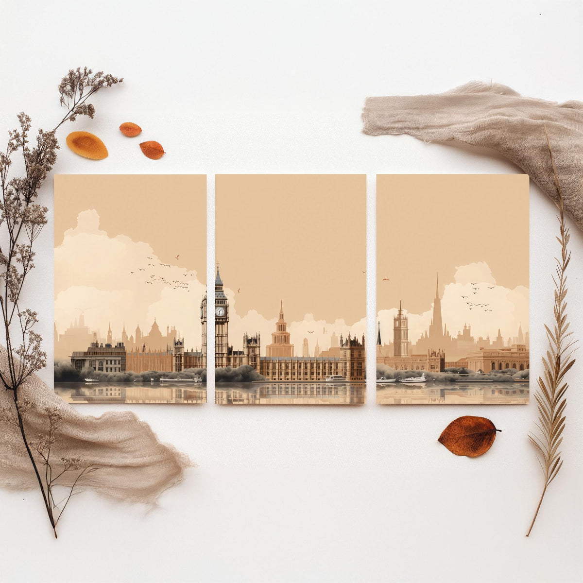 London Skyline Set of Three Art Prints - Big Ben, Houses of Parliament, Thames - Sepia Rust Panoramic Poster Illustration
