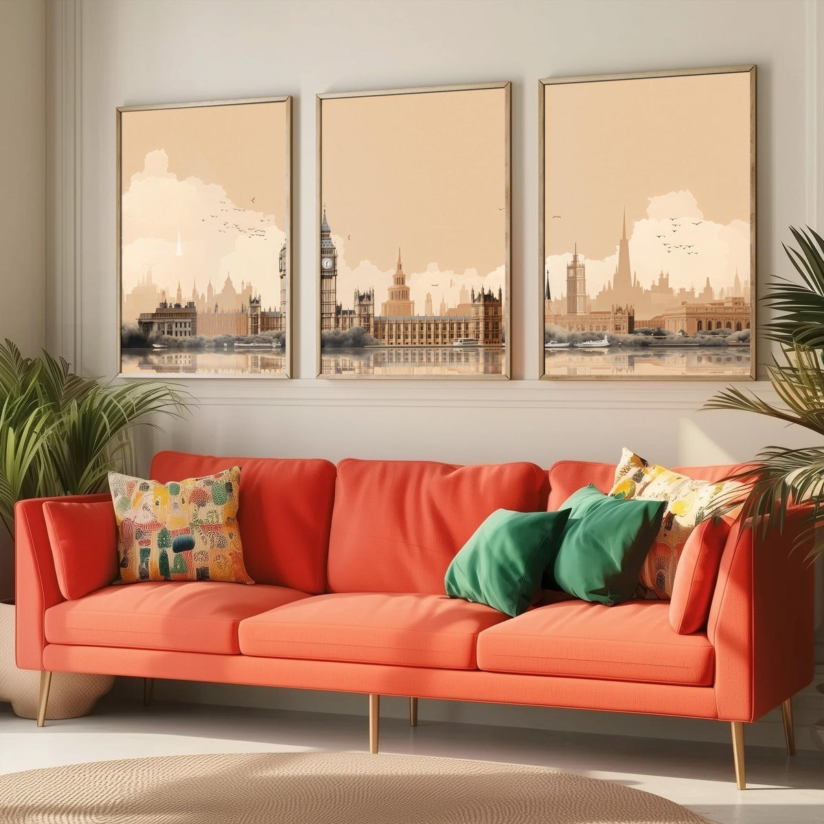 London Skyline Set of Three Art Prints - Big Ben, Houses of Parliament, Thames - Sepia Rust Panoramic Poster Illustration