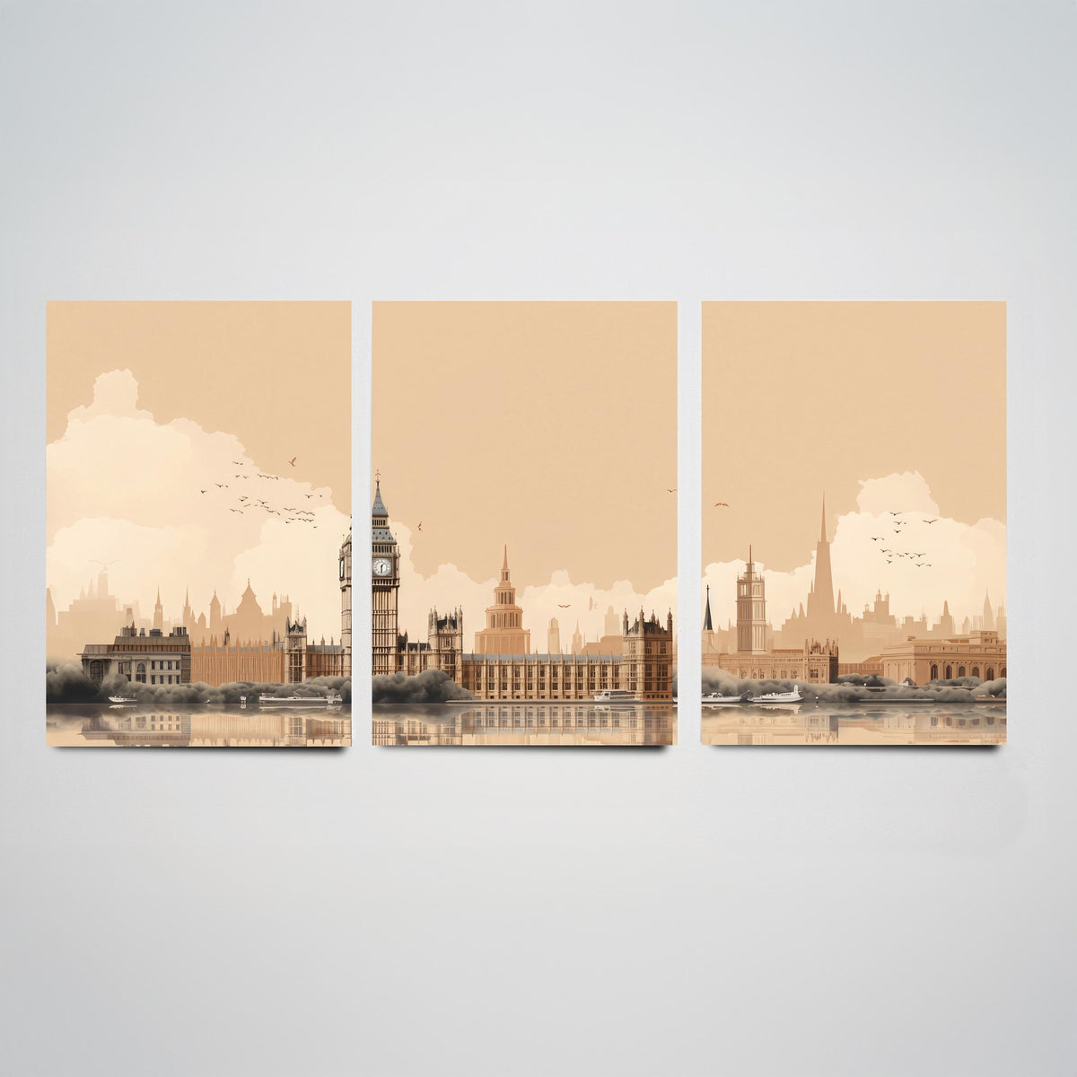 London Skyline Set of Three Art Prints - Big Ben, Houses of Parliament, Thames - Sepia Rust Panoramic Poster Illustration