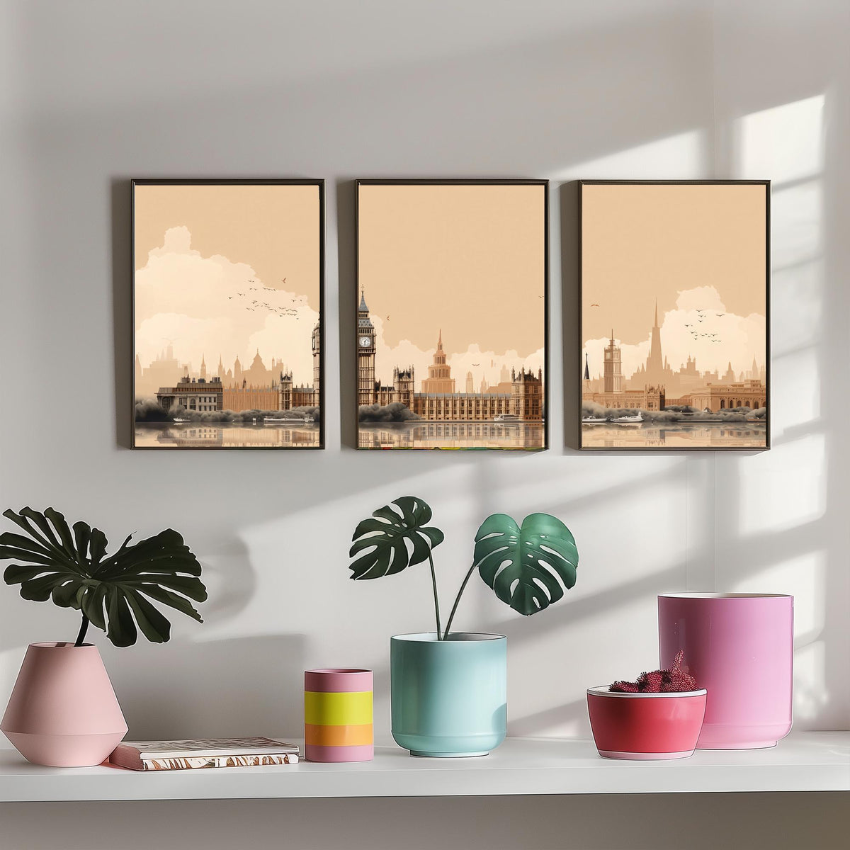 London Skyline Set of Three Art Prints - Big Ben, Houses of Parliament, Thames - Sepia Rust Panoramic Poster Illustration