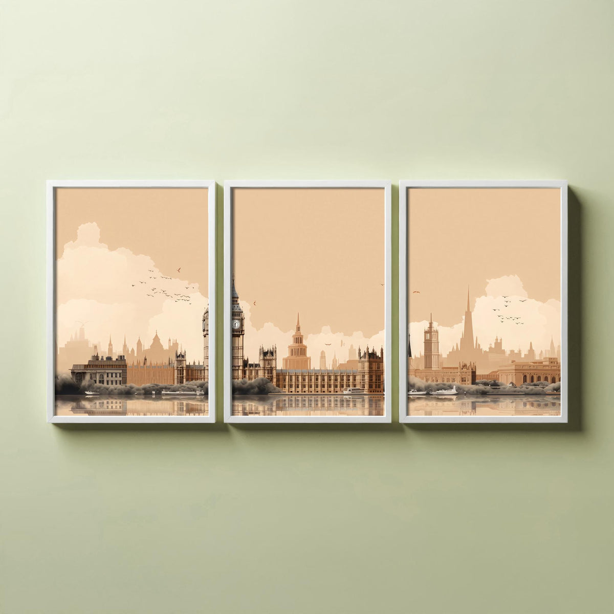 London Skyline Set of Three Art Prints - Big Ben, Houses of Parliament, Thames - Sepia Rust Panoramic Poster Illustration
