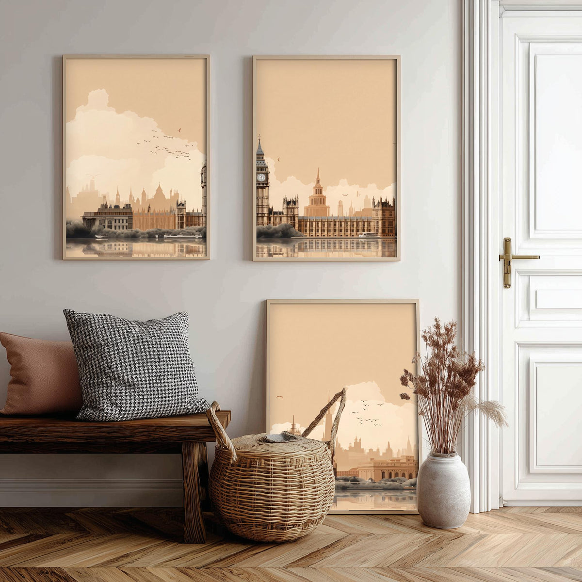 London Skyline Set of Three Art Prints - Big Ben, Houses of Parliament, Thames - Sepia Rust Panoramic Poster Illustration