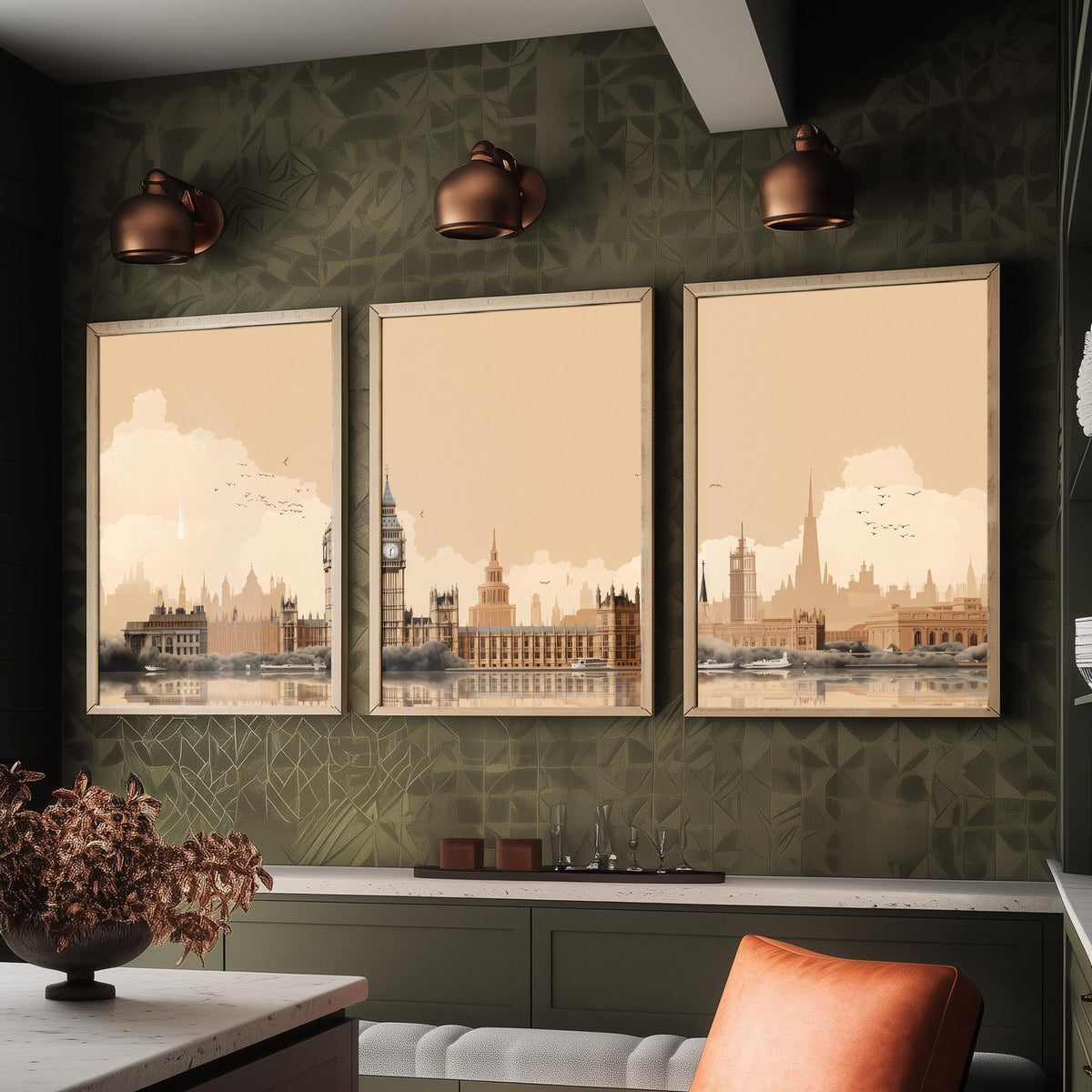 London Skyline Set of Three Art Prints - Big Ben, Houses of Parliament, Thames - Sepia Rust Panoramic Poster Illustration