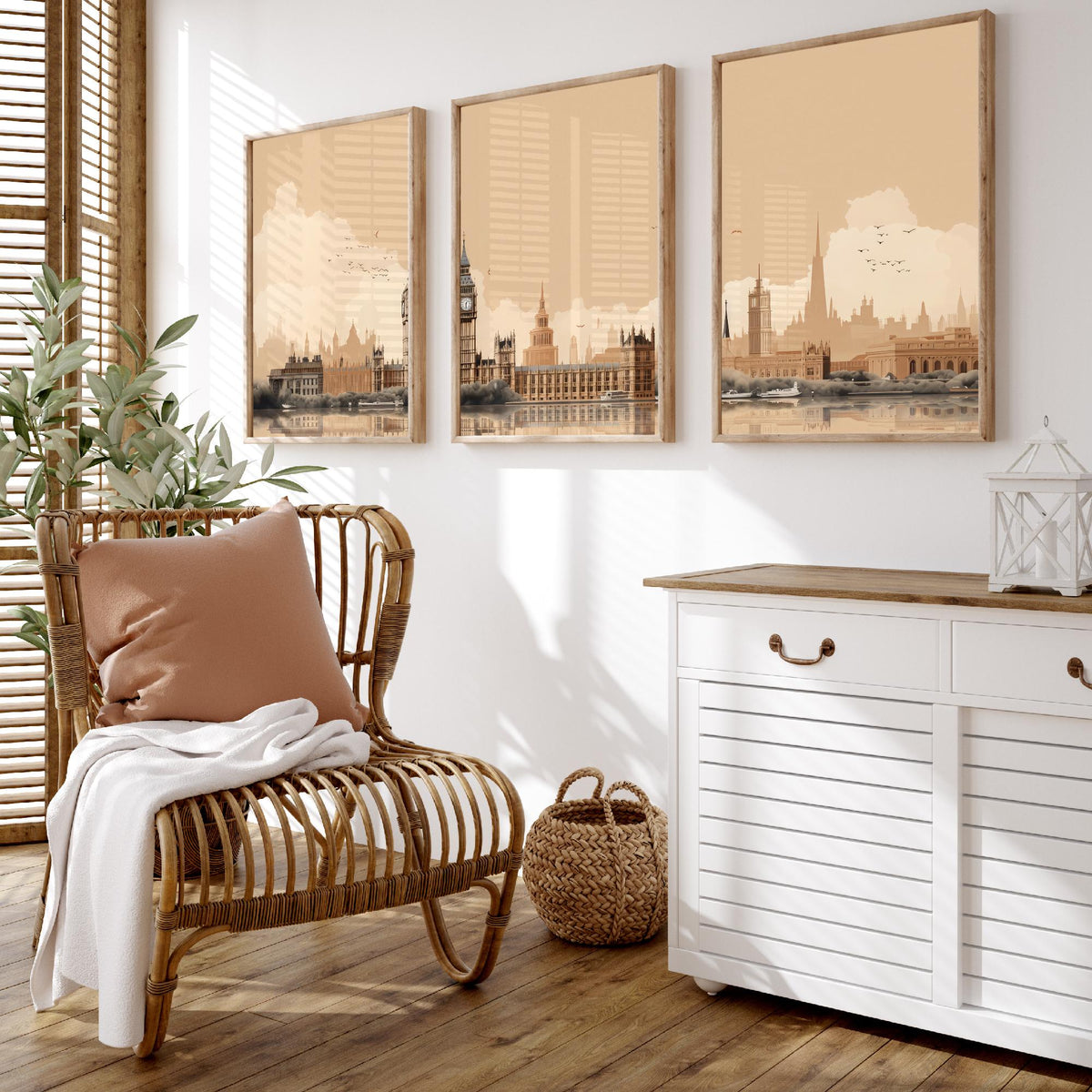 London Skyline Set of Three Art Prints - Big Ben, Houses of Parliament, Thames - Sepia Rust Panoramic Poster Illustration