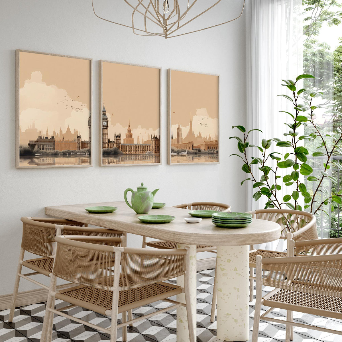 London Skyline Set of Three Art Prints - Big Ben, Houses of Parliament, Thames - Sepia Rust Panoramic Poster Illustration