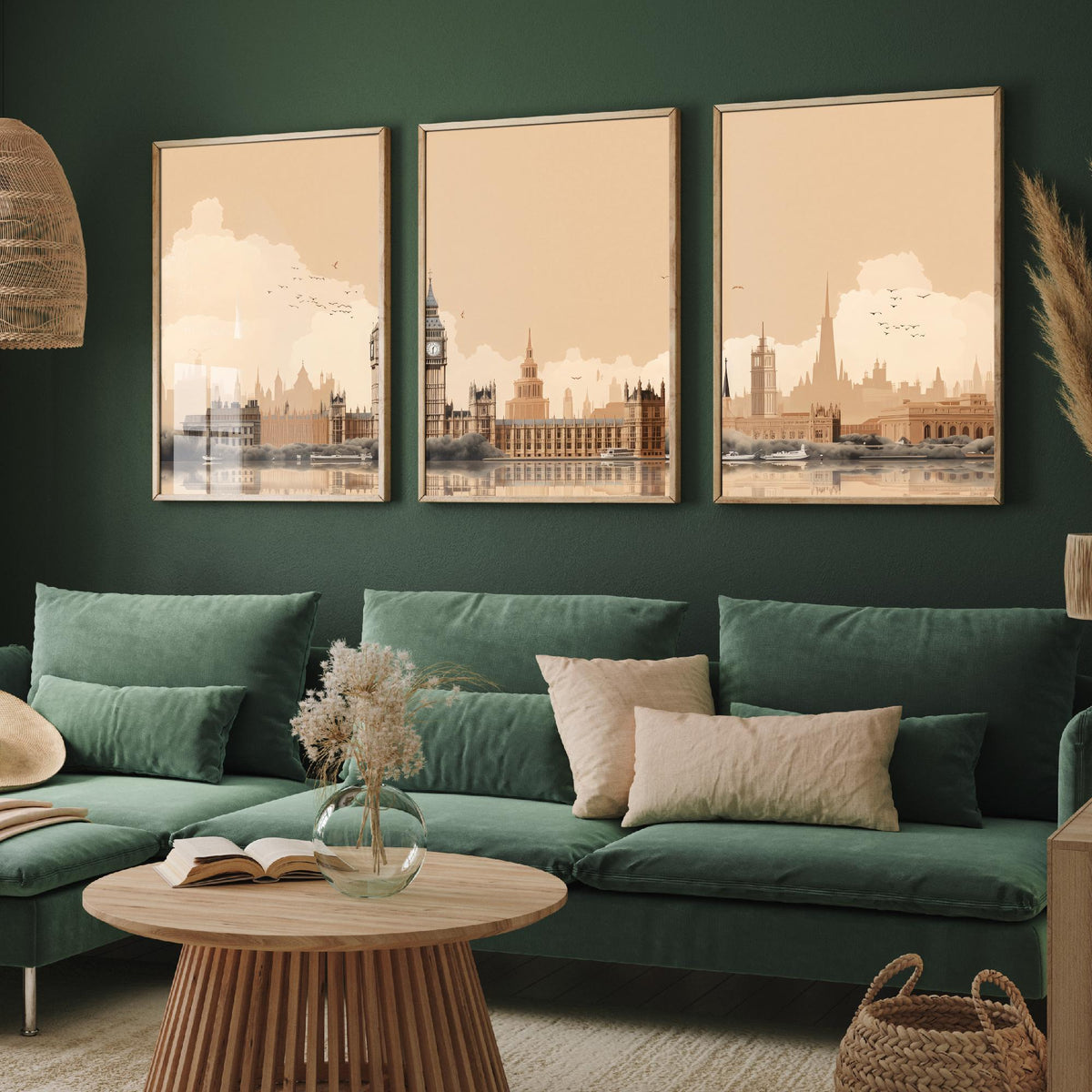 London Skyline Set of Three Art Prints - Big Ben, Houses of Parliament, Thames - Sepia Rust Panoramic Poster Illustration