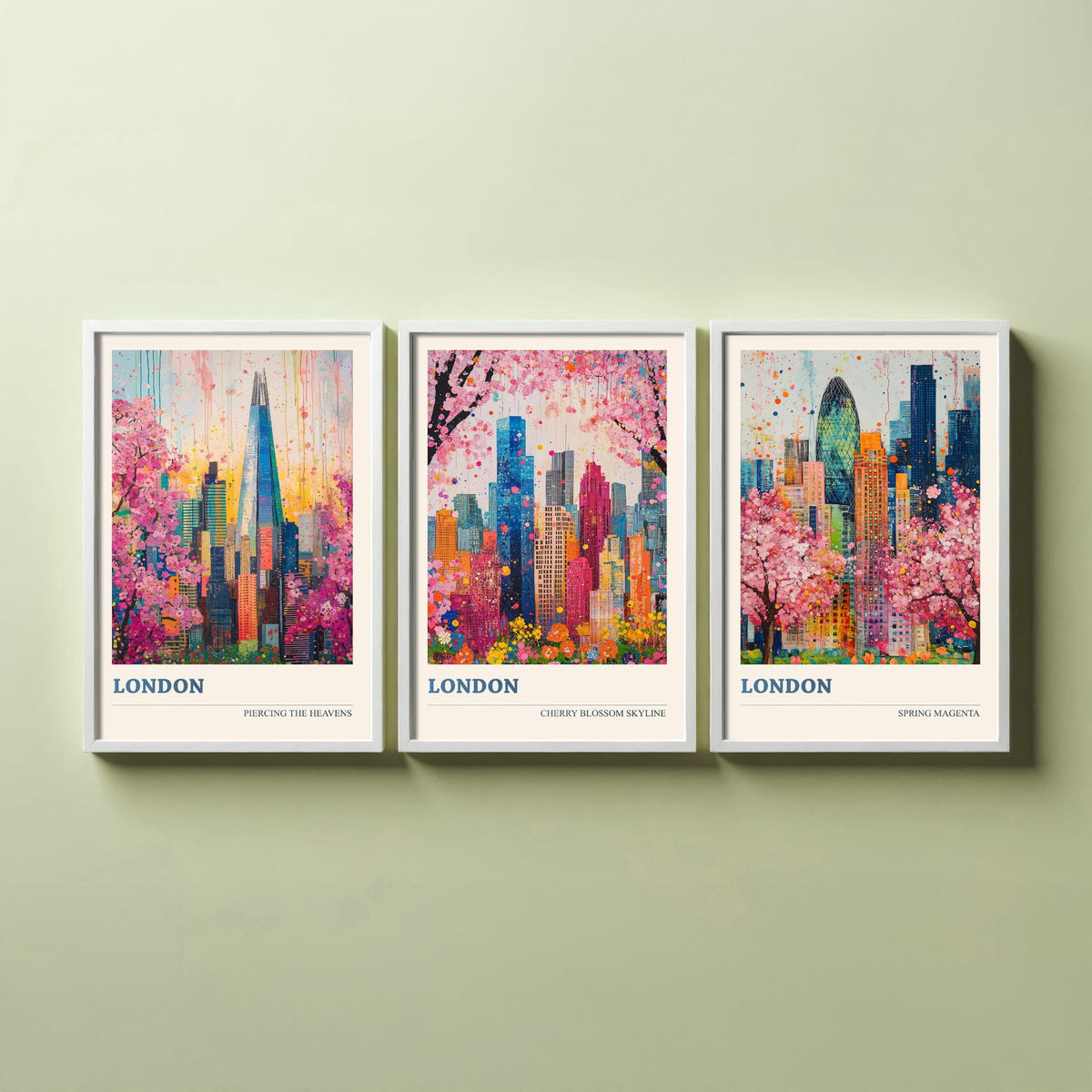 London Set of Three Art Prints - The Shard, Gherkin, Cherry Blossom Skyline - Colourful Floral City Painting Poster V1