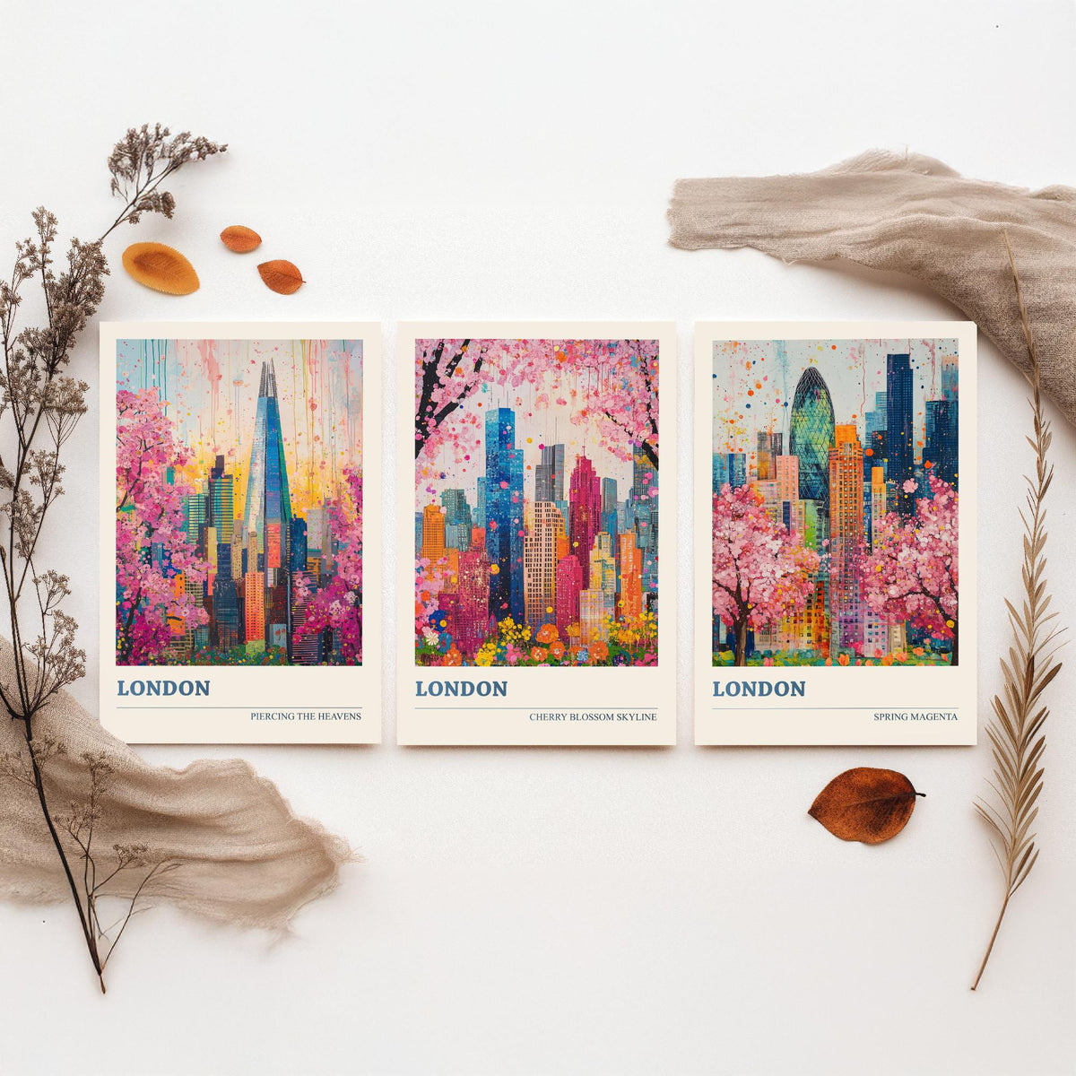 London Set of Three Art Prints - The Shard, Gherkin, Cherry Blossom Skyline - Colourful Floral City Painting Poster V1