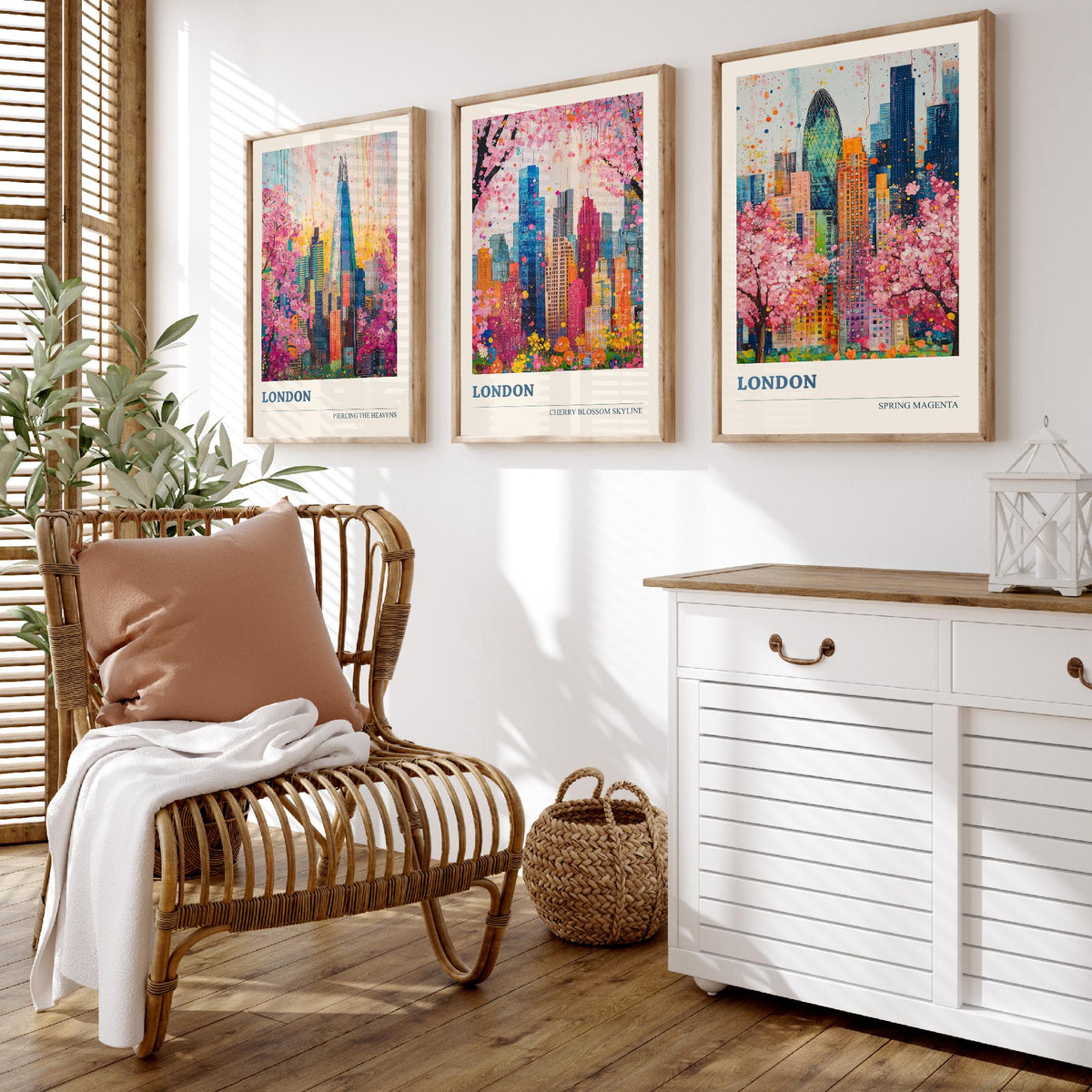 London Set of Three Art Prints - The Shard, Gherkin, Cherry Blossom Skyline - Colourful Floral City Painting Poster V1