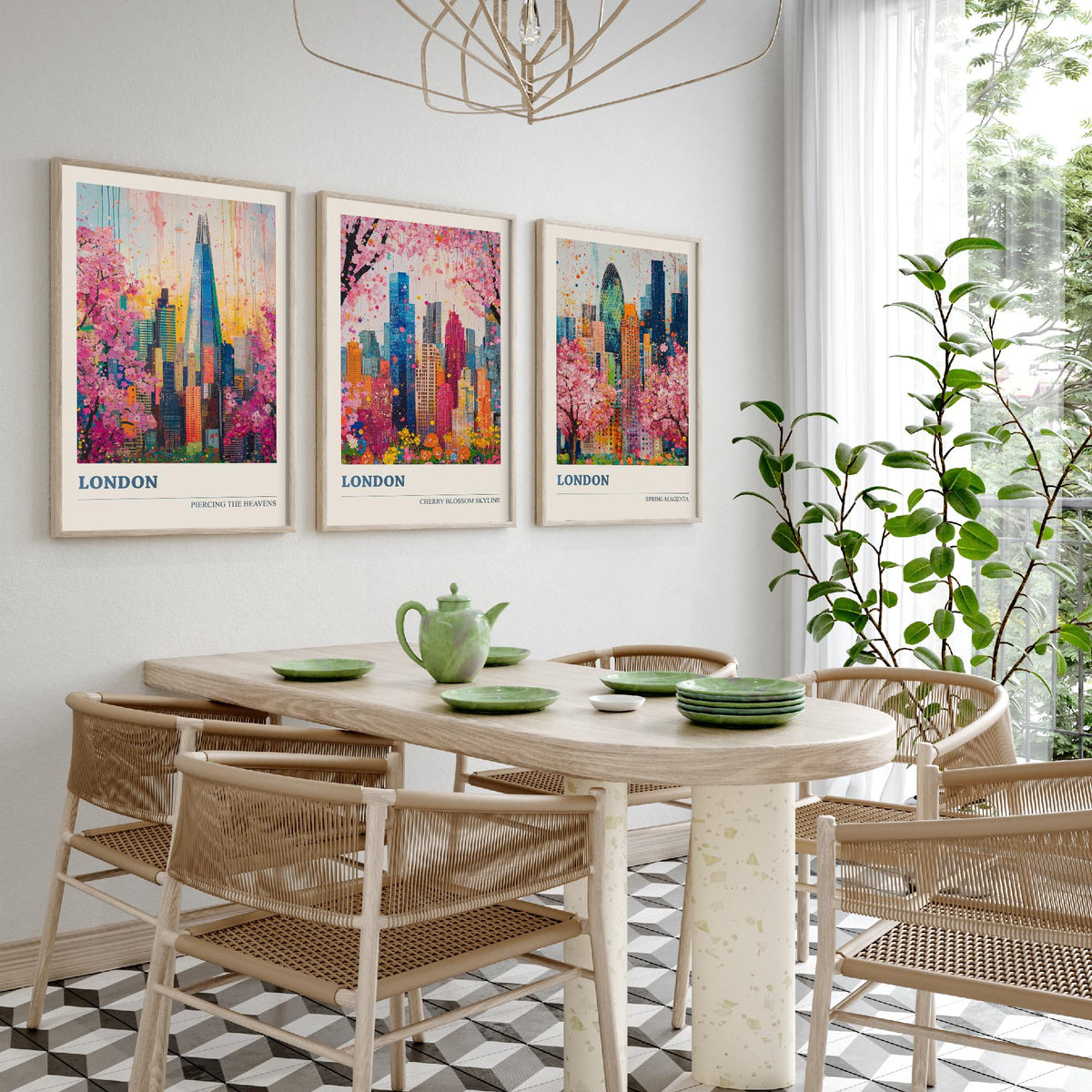 London Set of Three Art Prints - The Shard, Gherkin, Cherry Blossom Skyline - Colourful Floral City Painting Poster V1