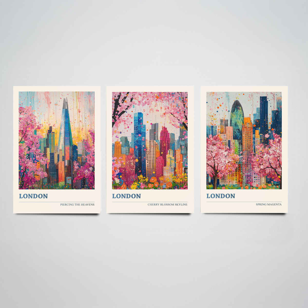 London Set of Three Art Prints - The Shard, Gherkin, Cherry Blossom Skyline - Colourful Floral City Painting Poster V1