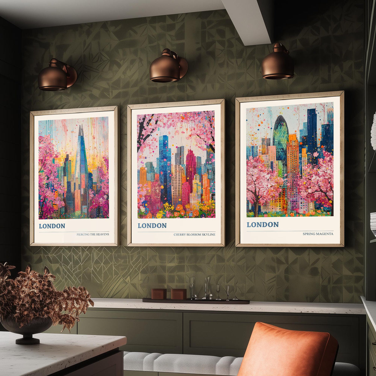 London Set of Three Art Prints - The Shard, Gherkin, Cherry Blossom Skyline - Colourful Floral City Painting Poster V1